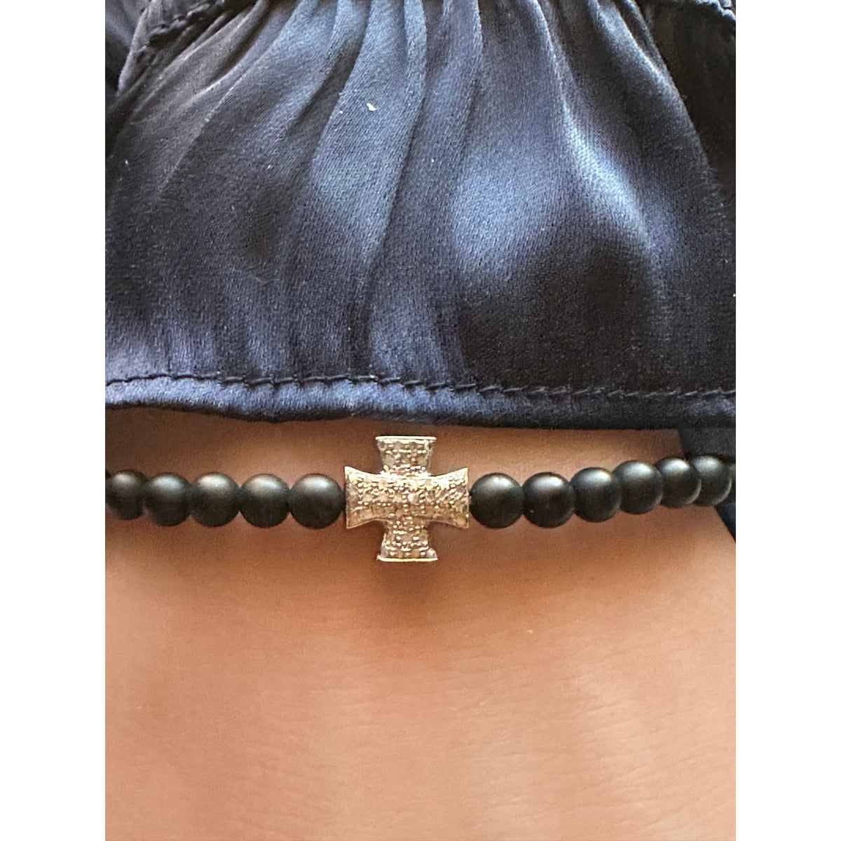 Natural Raw Pavé Diamond Cross Matte Black 4mm Onyx Bead Bracelet Sterling Silver