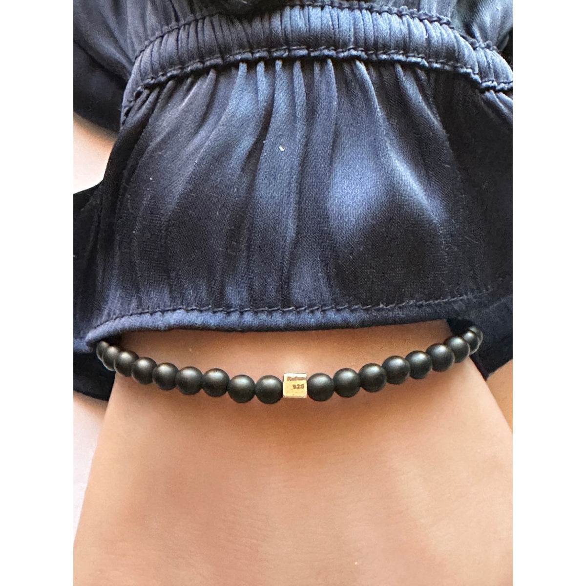 Natural Raw Pavé Diamond Cross Matte Black 4mm Onyx Bead Bracelet Sterling Silver