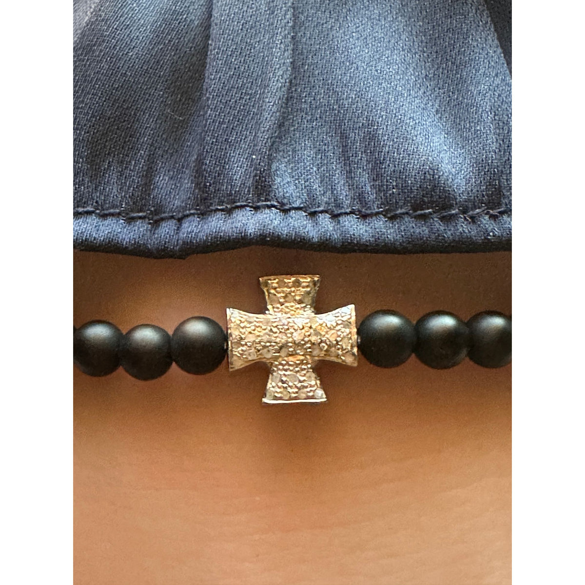 Natural Raw Pavé Diamond Cross Matte Black 4mm Onyx Bead Bracelet Sterling Silver