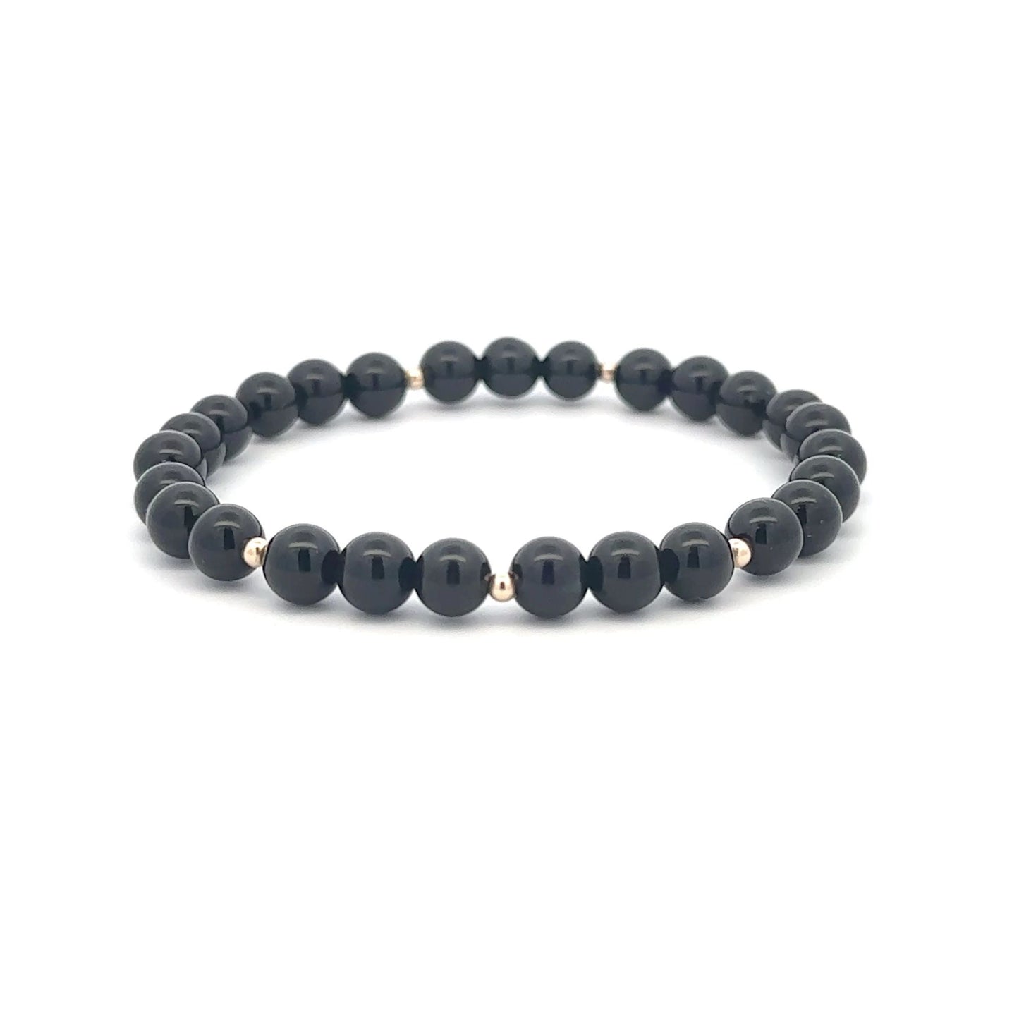 Onyx Gemstone Beaded Stretch Bracelet with 14K Gold Accent Beads Handmade Natural Stone Jewelry Size 6.5 inches - Rafant