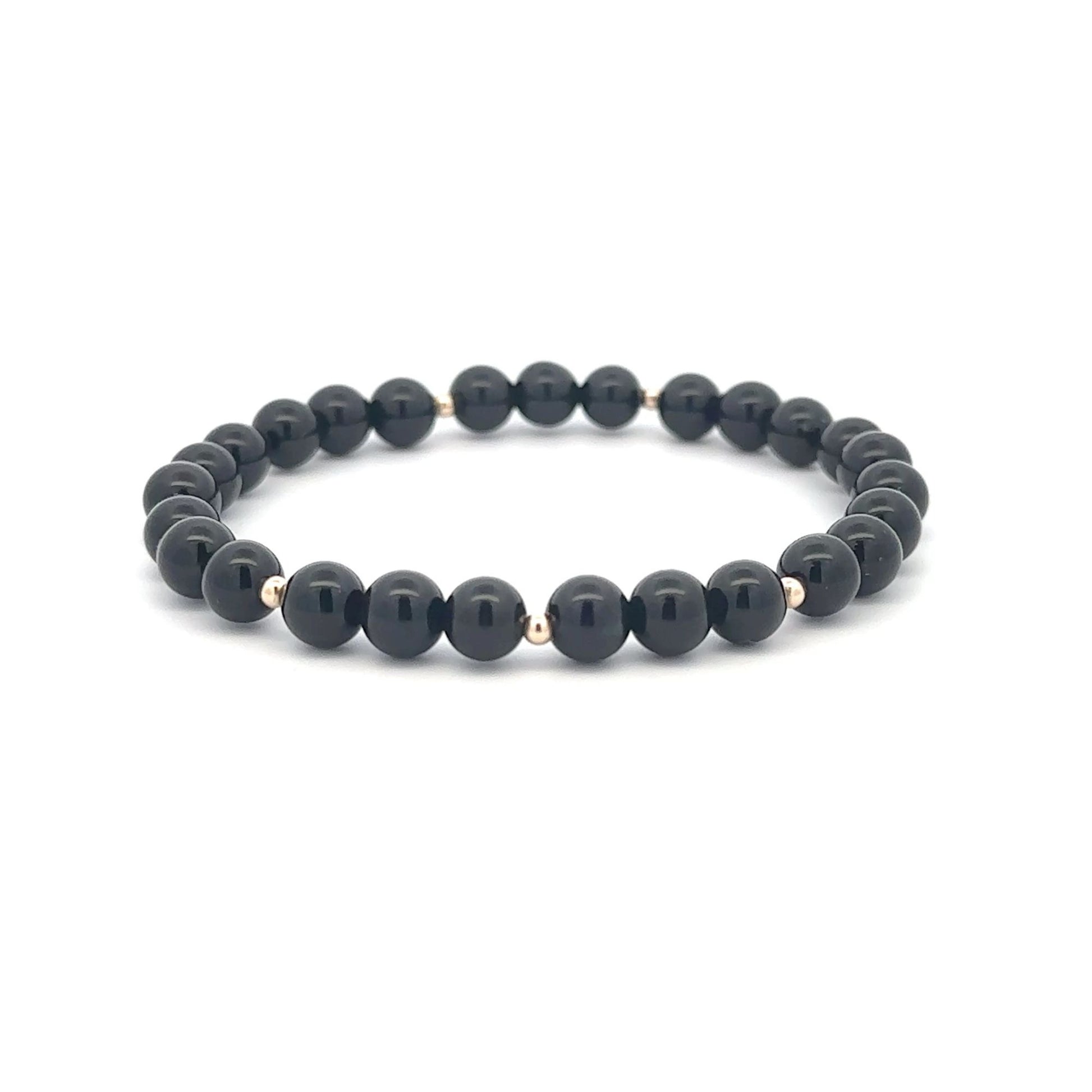 Onyx Gemstone Beaded Stretch Bracelet with 14K Gold Accent Beads Handmade Natural Stone Jewelry Size 6.5 inches - Rafant