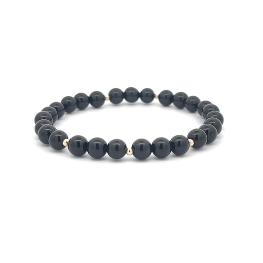 Onyx Gemstone Beaded Stretch Bracelet with 14K Gold Accent Beads Handmade Natural Stone Jewelry Size 6.5 inches - Rafant
