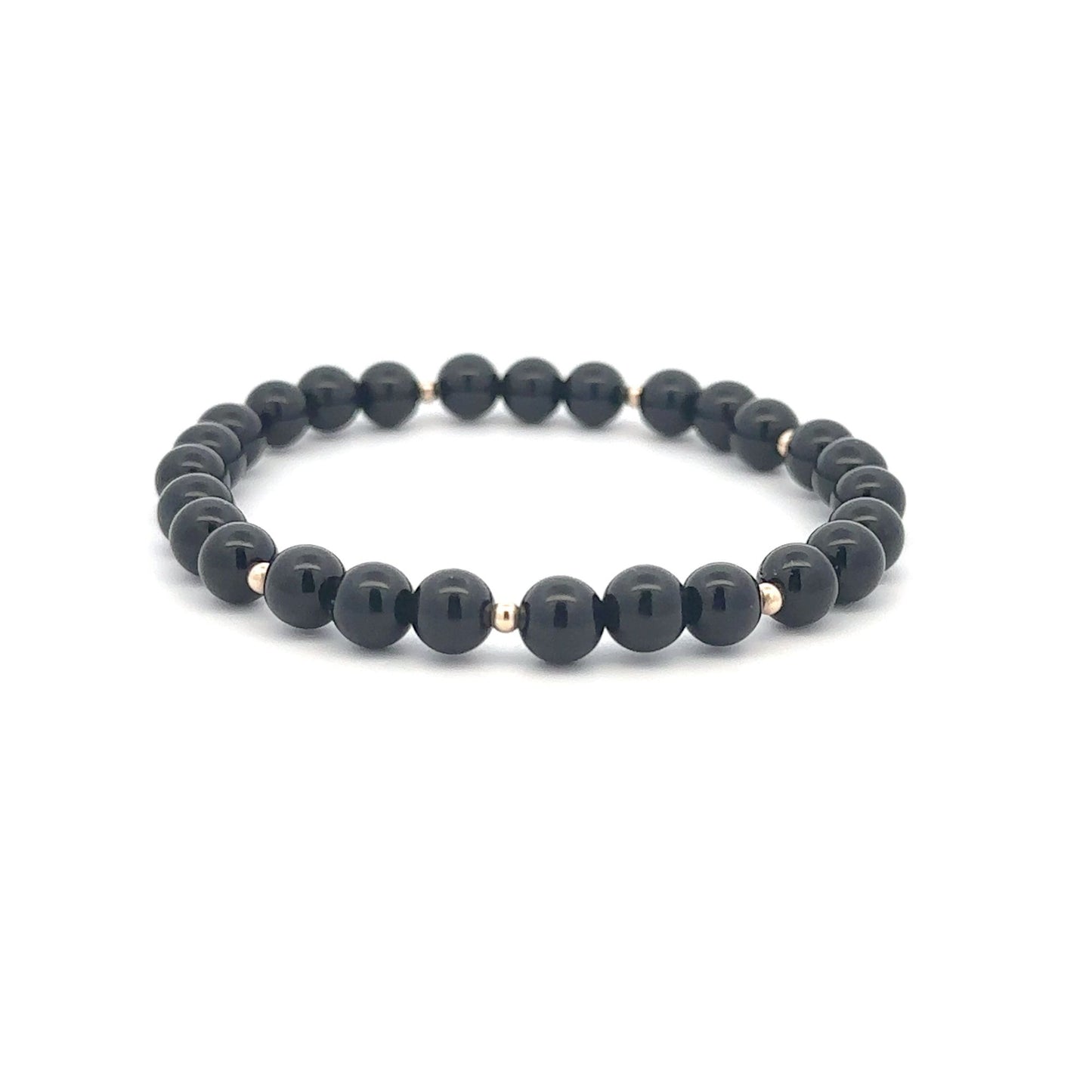Onyx Gemstone Beaded Stretch Bracelet with 14K Gold Accent Beads Handmade Natural Stone Jewelry Size 6.5 inches - Rafant
