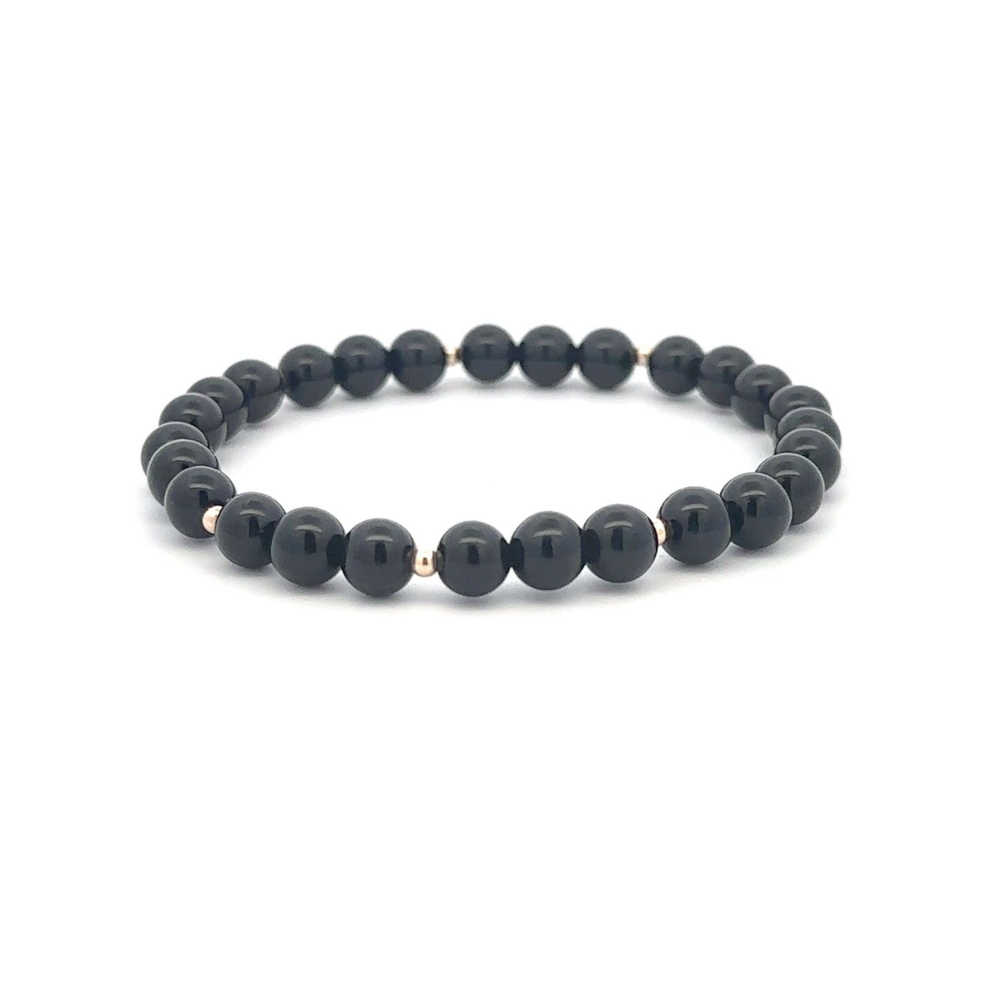 Onyx Gemstone Beaded Stretch Bracelet with 14K Gold Accent Beads Handmade Natural Stone Jewelry Size 6.5 inches - Rafant