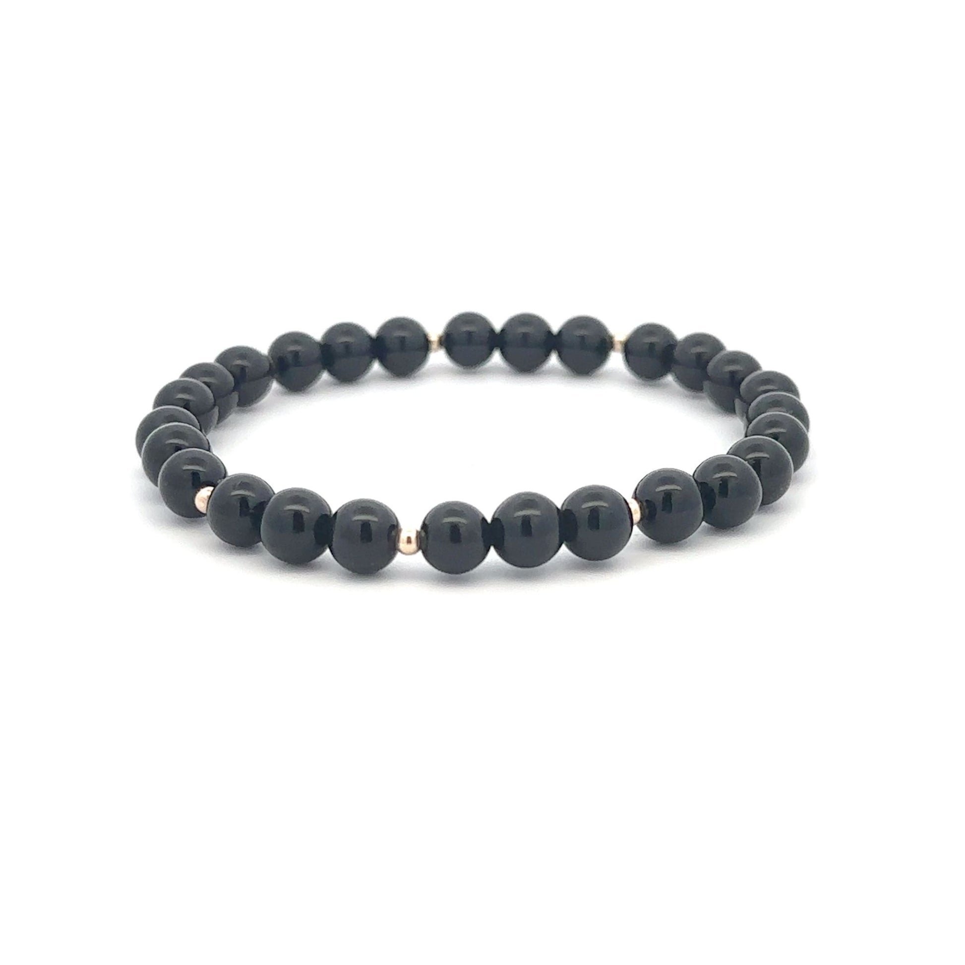 Onyx Gemstone Beaded Stretch Bracelet with 14K Gold Accent Beads Handmade Natural Stone Jewelry Size 6.5 inches - Rafant