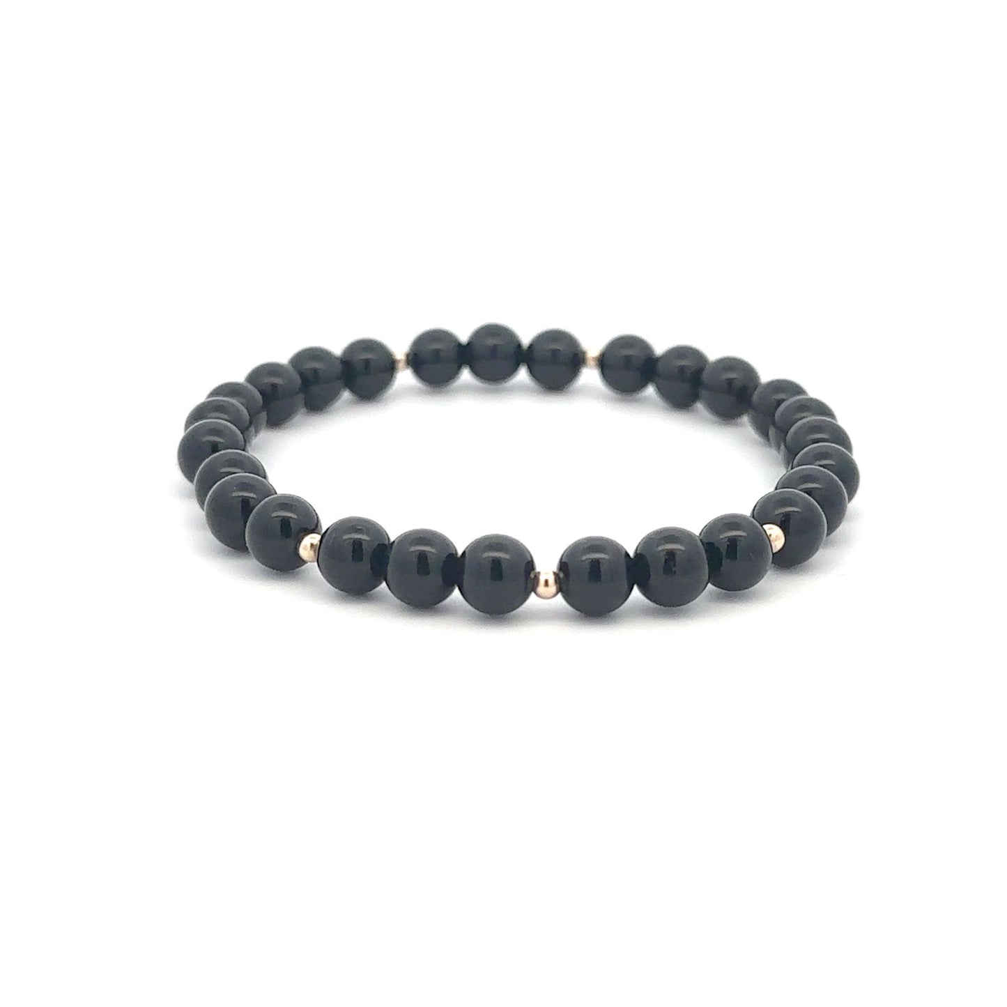 Onyx Gemstone Beaded Stretch Bracelet with 14K Gold Accent Beads Handmade Natural Stone Jewelry Size 6.5 inches - Rafant