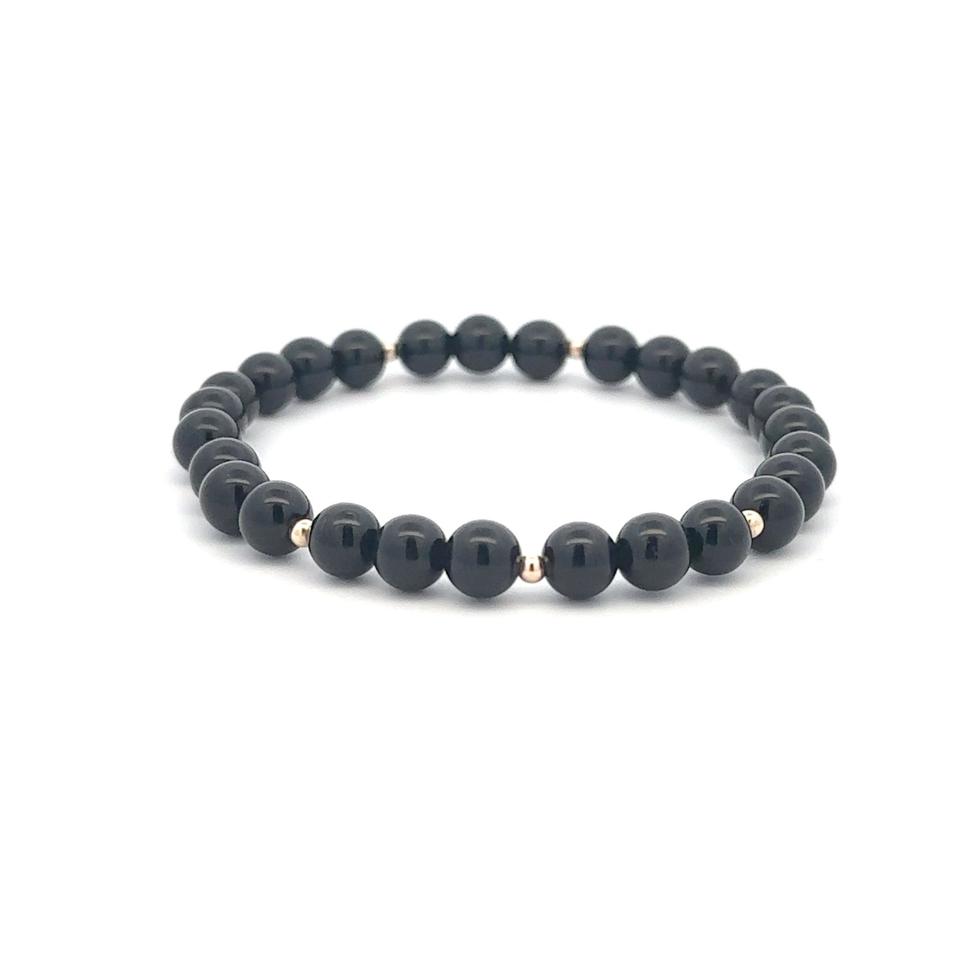 Onyx Gemstone Beaded Stretch Bracelet with 14K Gold Accent Beads Handmade Natural Stone Jewelry Size 6.5 inches - Rafant