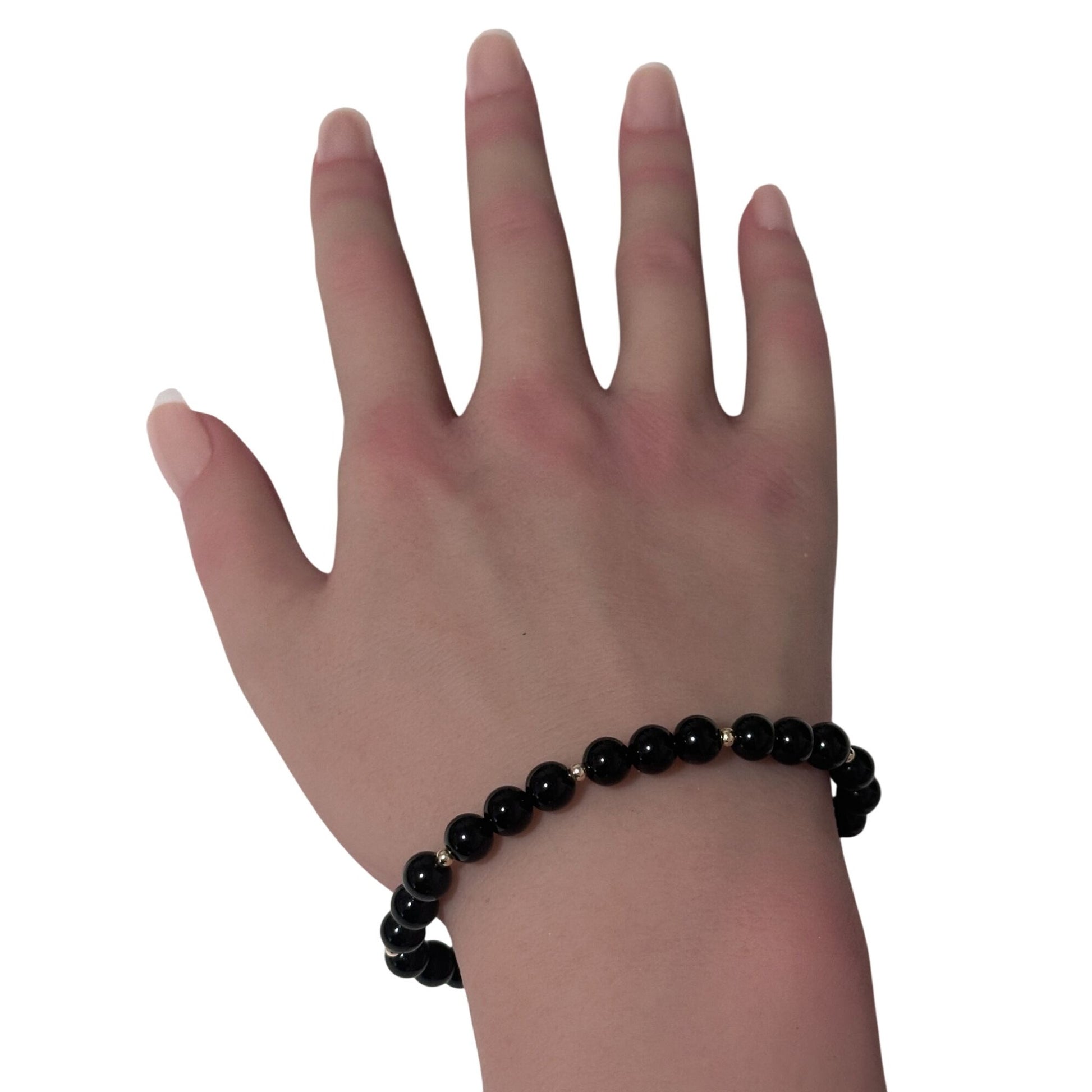 Onyx Gemstone Beaded Stretch Bracelet with 14K Gold Accent Beads Handmade Natural Stone Jewelry Size 6.5 inches - Rafant