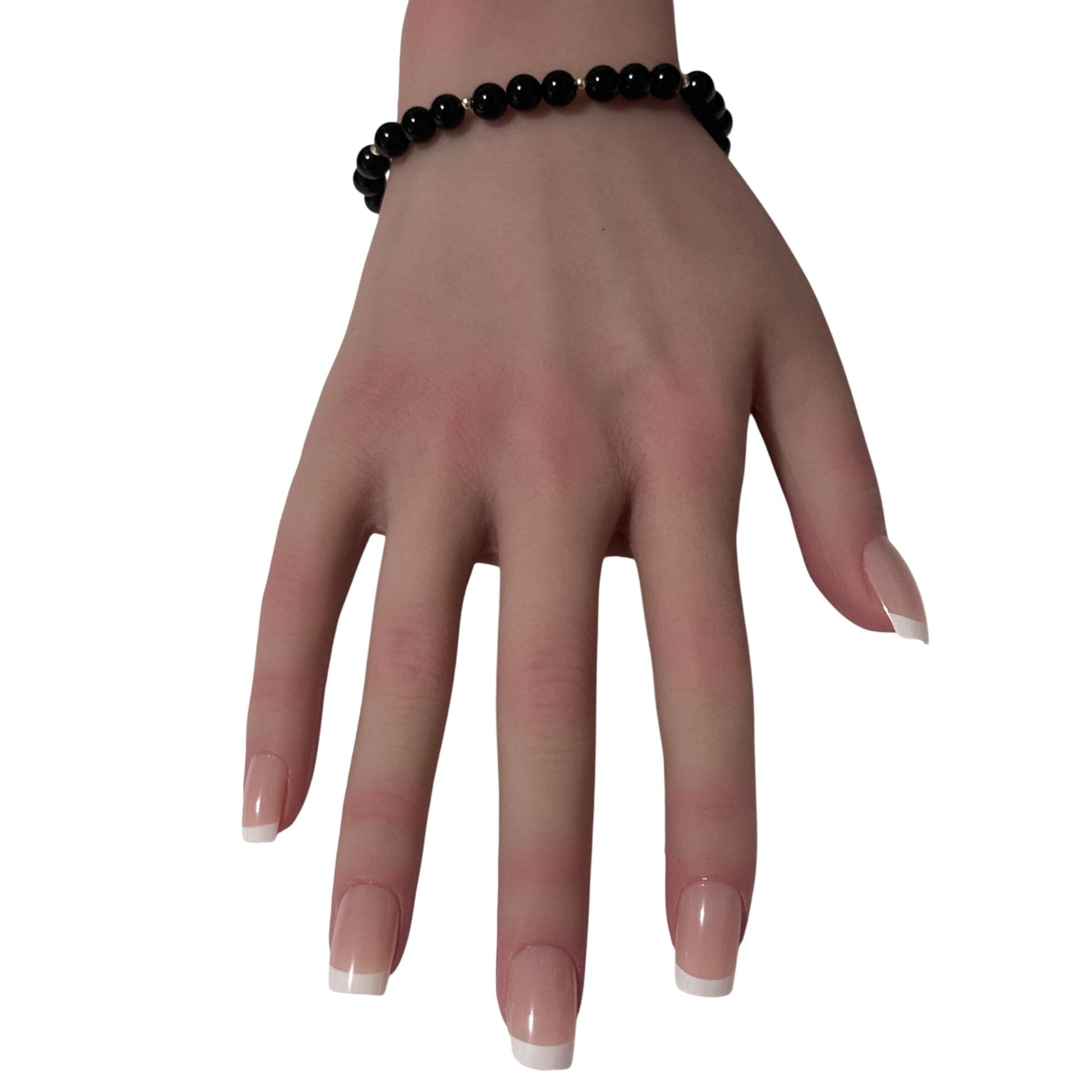 Onyx Gemstone Beaded Stretch Bracelet with 14K Gold Accent Beads Handmade Natural Stone Jewelry Size 6.5 inches - Rafant