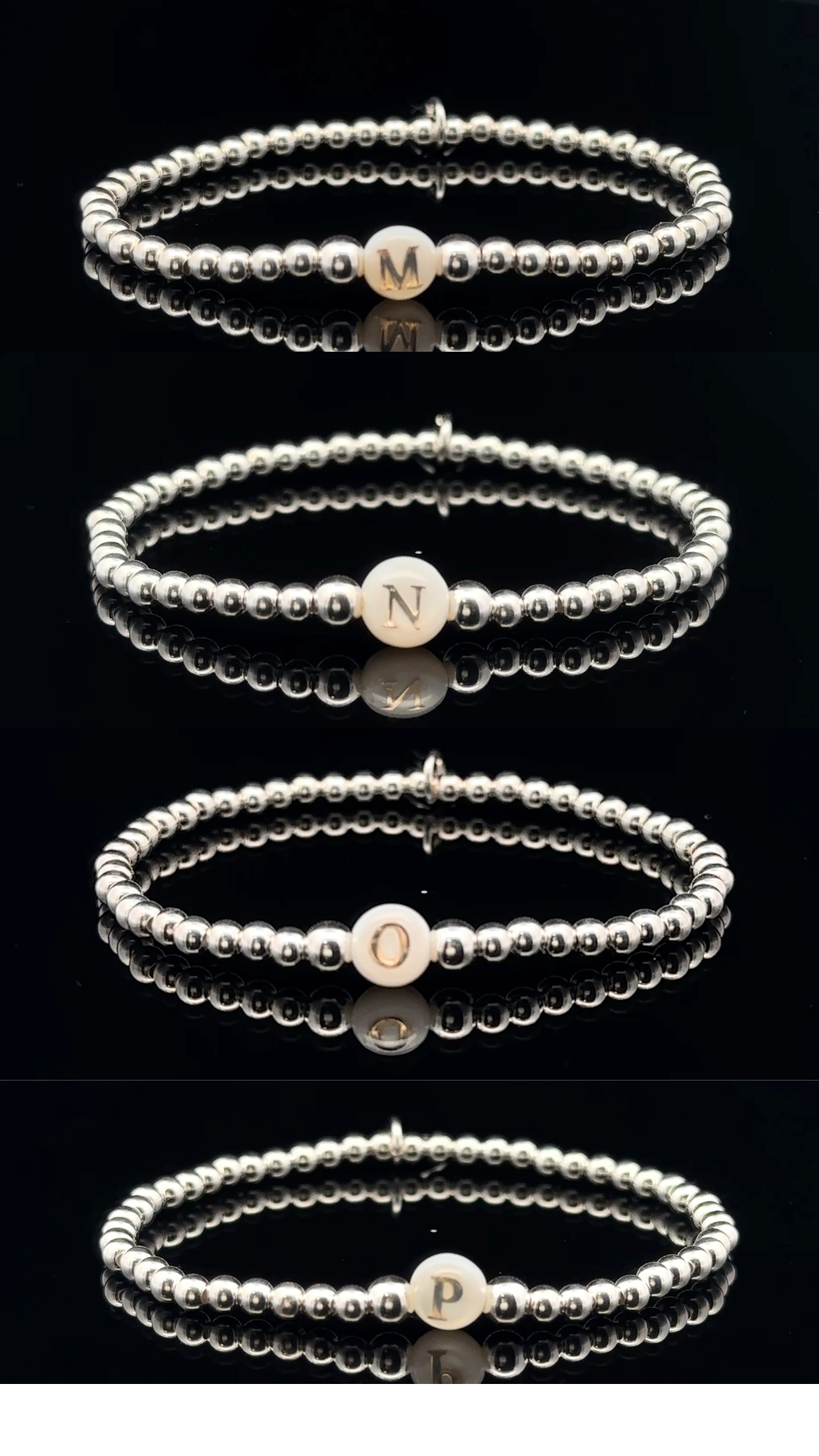 925 Sterling Silver Beaded Stretch Stacking Bracelet MOP Letters Initials - Rafant
