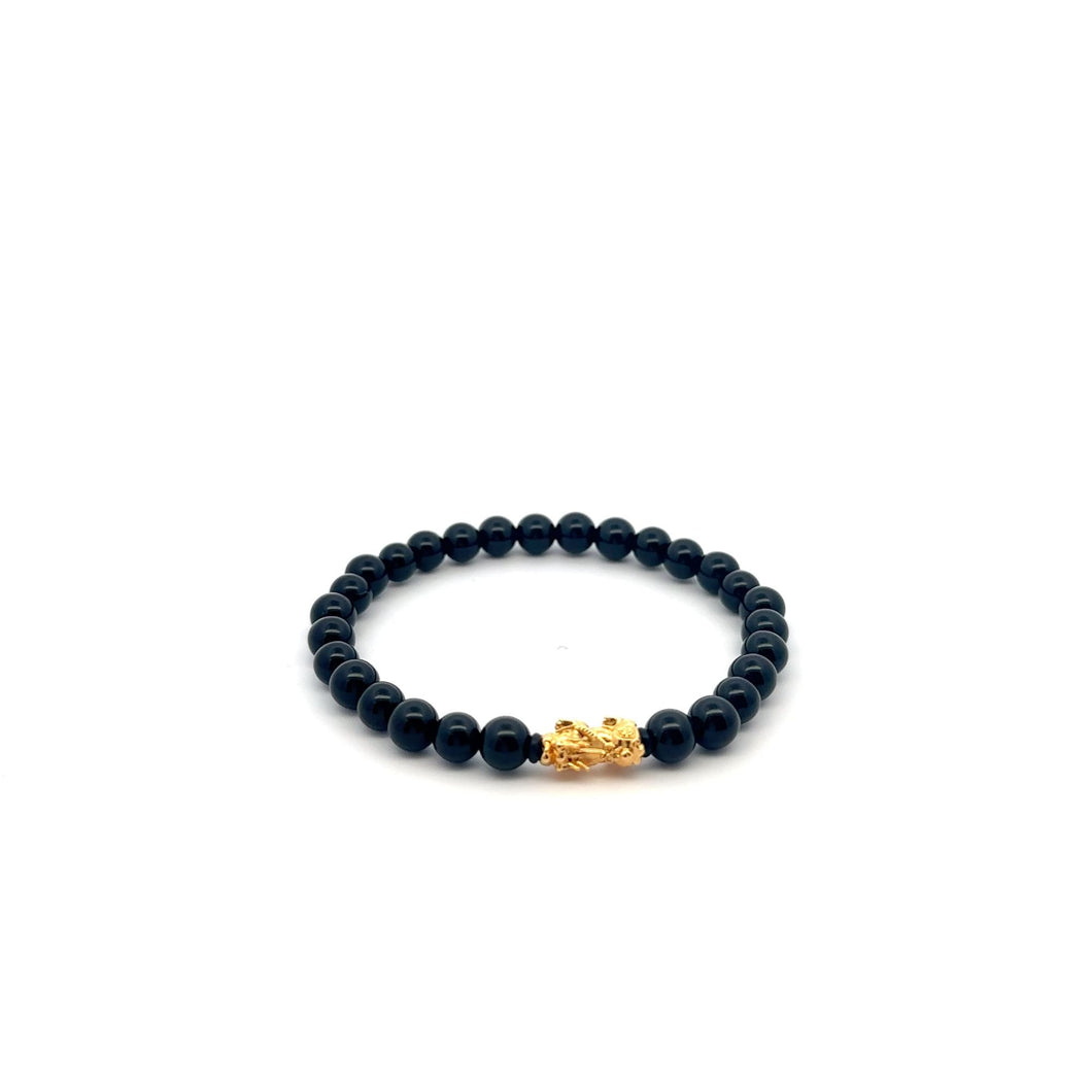 18K Gold Pixiu Piyao Lucky Charm Bracelet Natural Black Onyx Gemstones 6mm - Rafant
