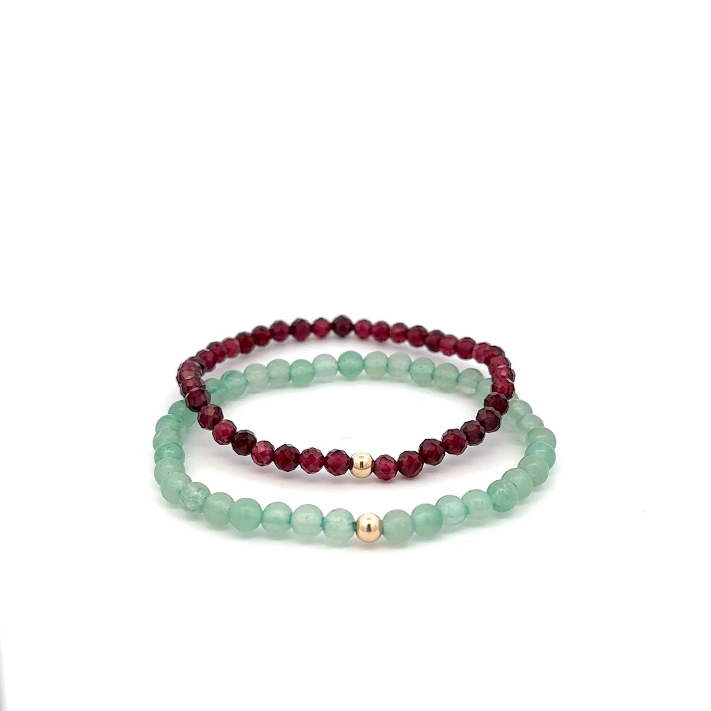 Garnet & Aventurine Gemstone Stretch Bracelet with 14K Gold Accent Bead Handmade - Rafant