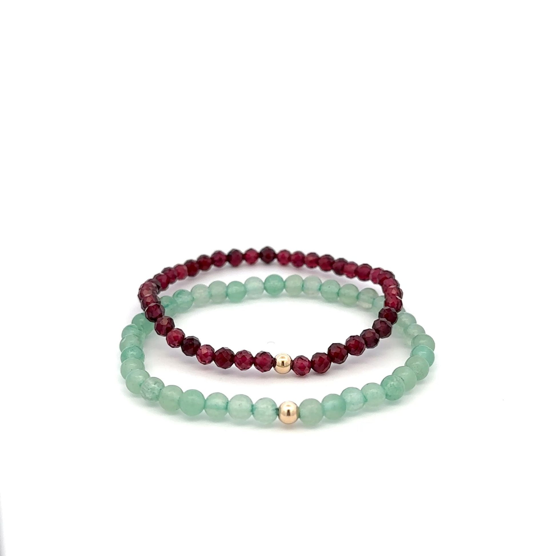Garnet & Aventurine Gemstone Stretch Bracelet with 14K Gold Accent Bead Handmade - Rafant
