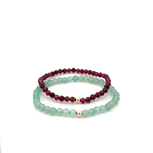 Garnet & Aventurine Gemstone Stretch Bracelet with 14K Gold Accent Bead Handmade - Rafant
