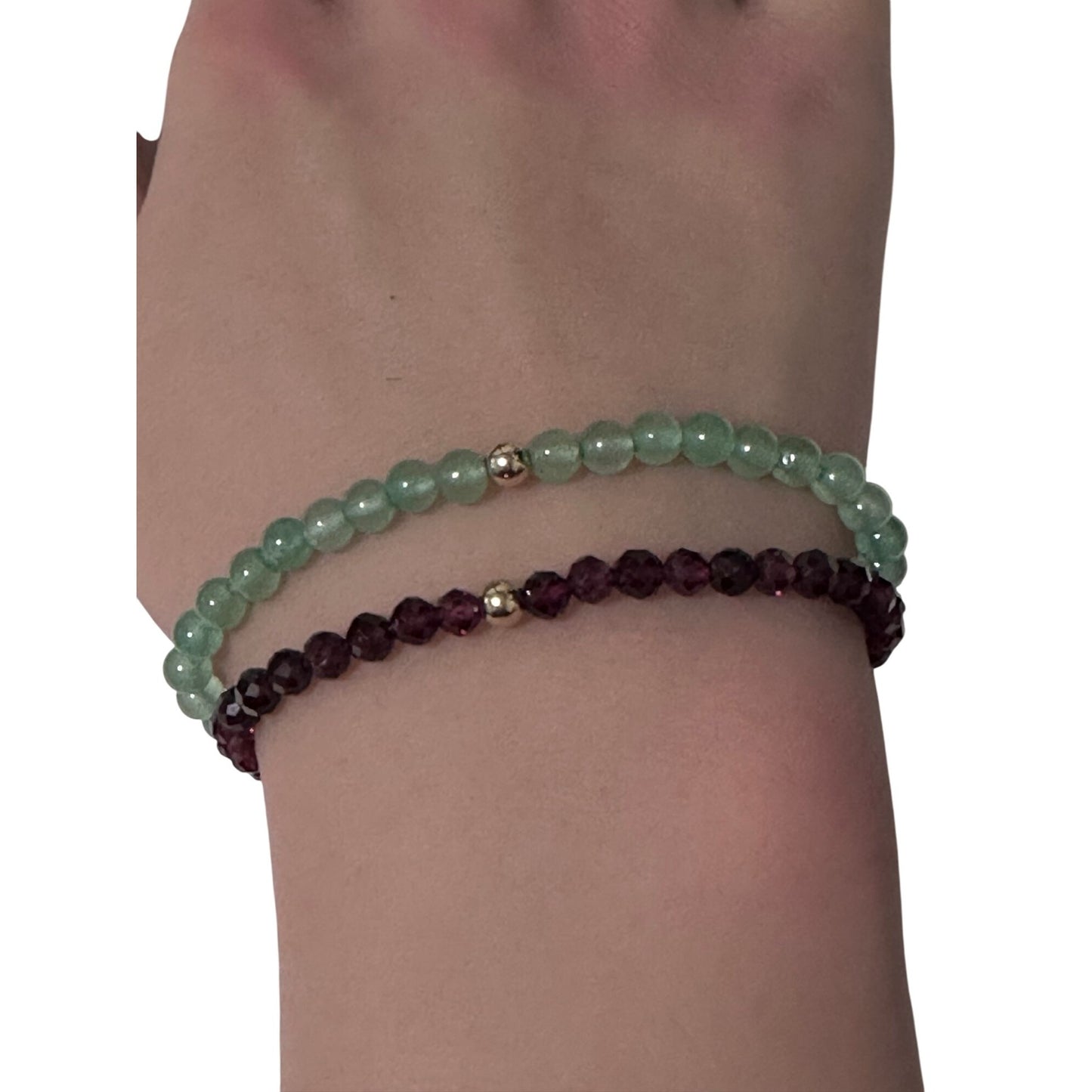 Garnet & Aventurine Gemstone Stretch Bracelet with 14K Gold Accent Bead Handmade - Rafant