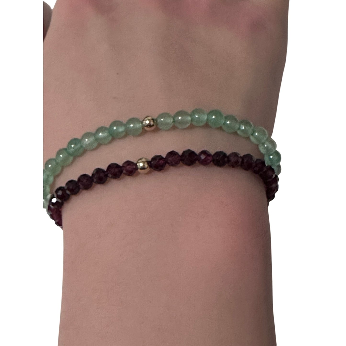 Garnet & Aventurine Gemstone Stretch Bracelet with 14K Gold Accent Bead Handmade - Rafant