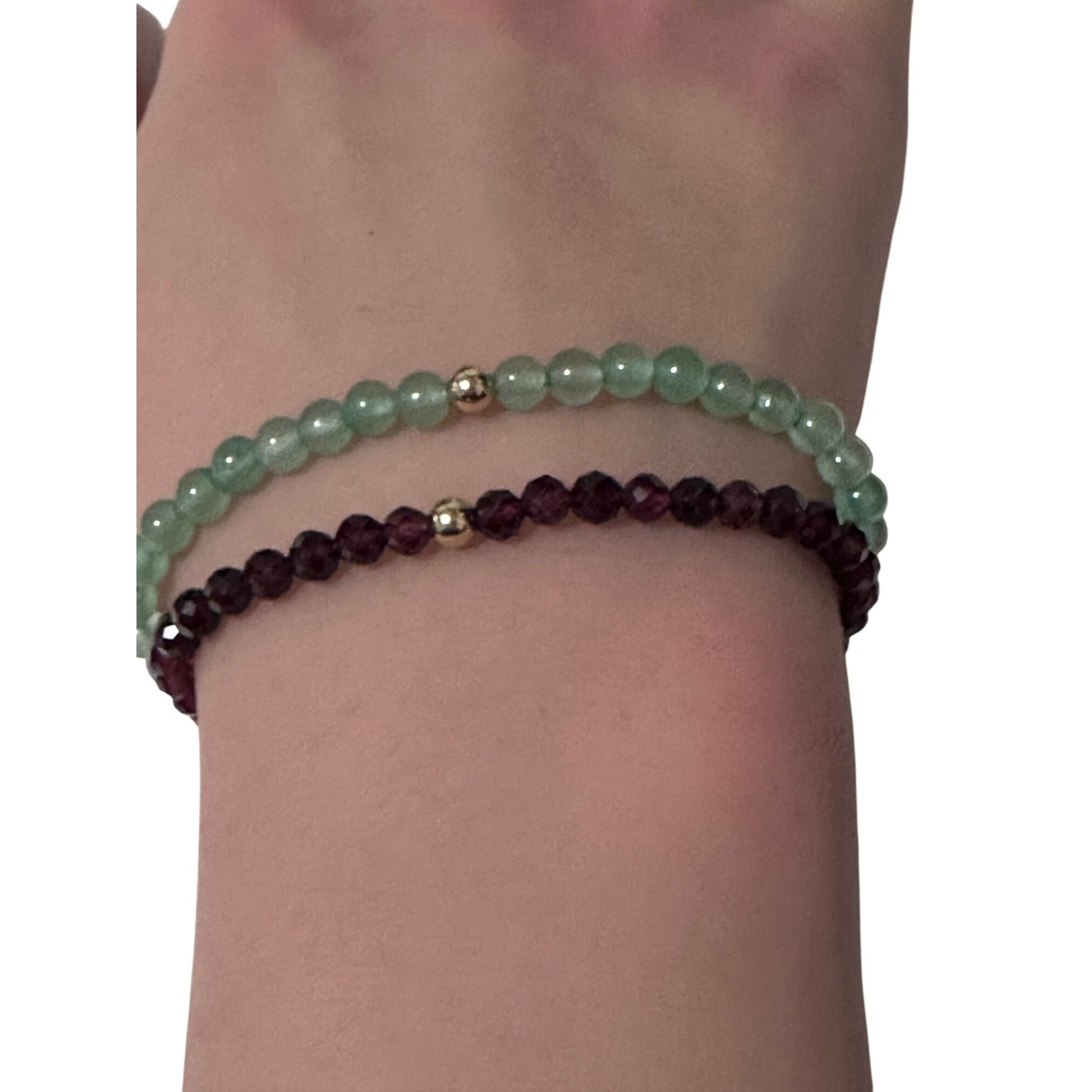 Garnet & Aventurine Gemstone Stretch Bracelet with 14K Gold Accent Bead Handmade - Rafant