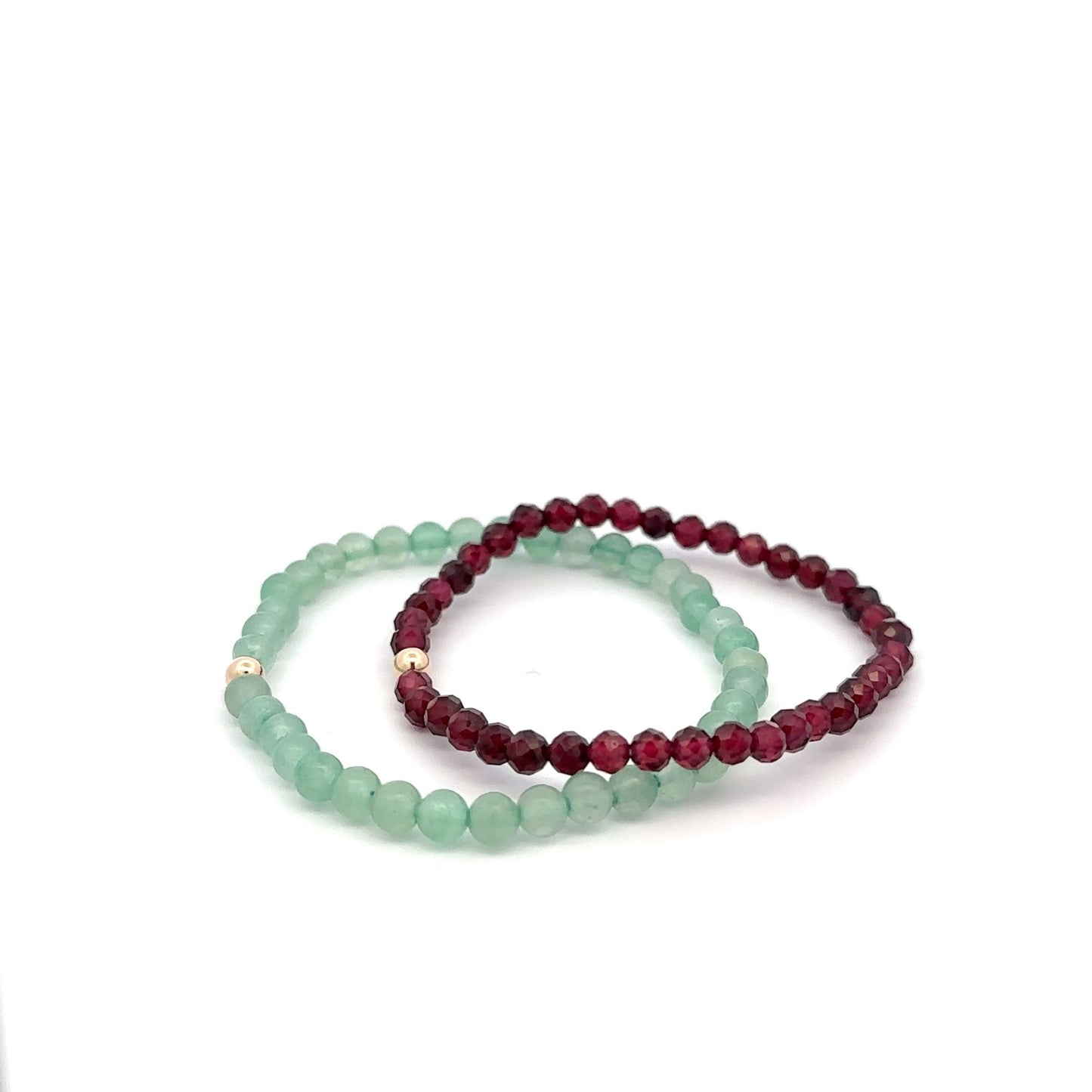 Garnet & Aventurine Gemstone Stretch Bracelet with 14K Gold Accent Bead Handmade - Rafant
