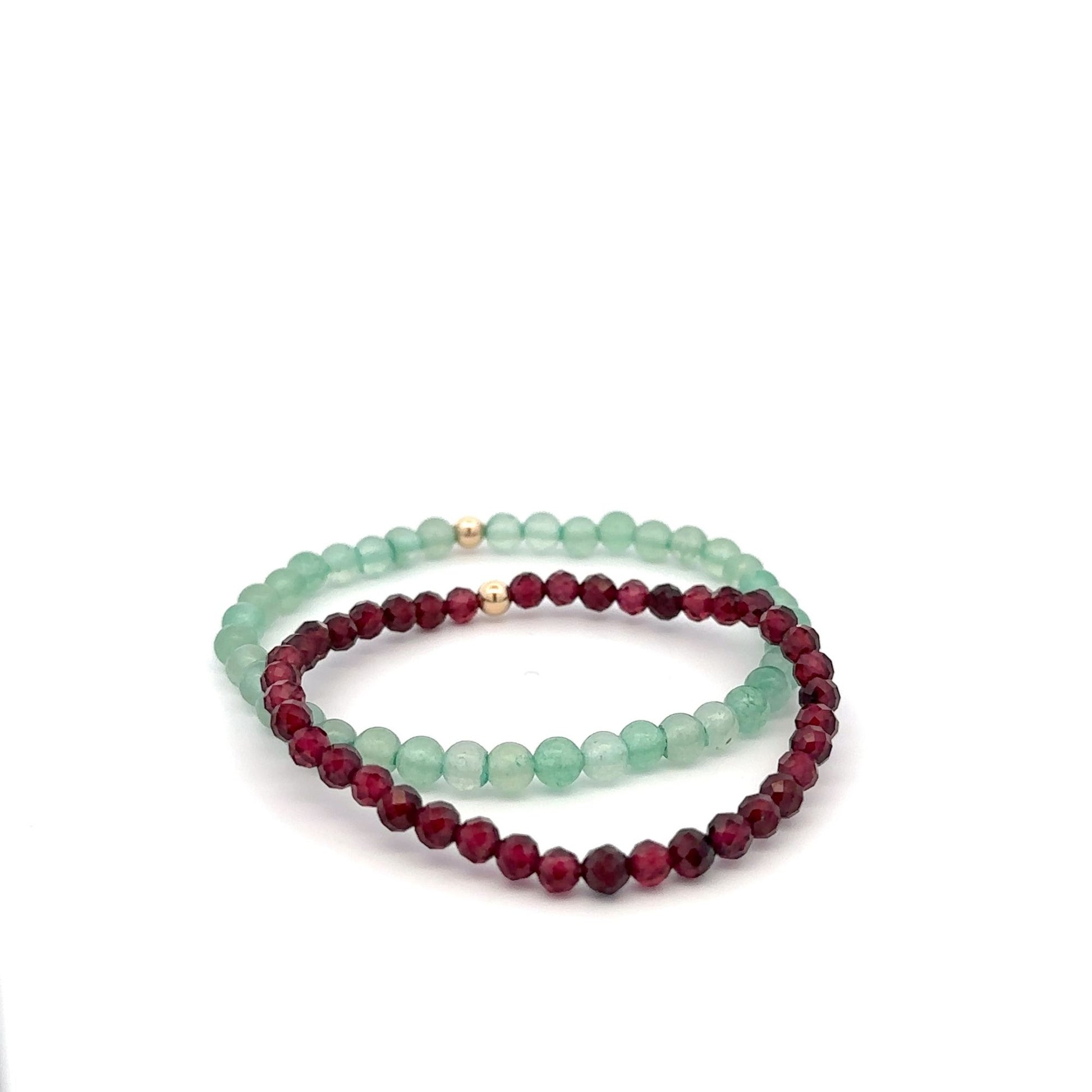 Garnet & Aventurine Gemstone Stretch Bracelet with 14K Gold Accent Bead Handmade - Rafant