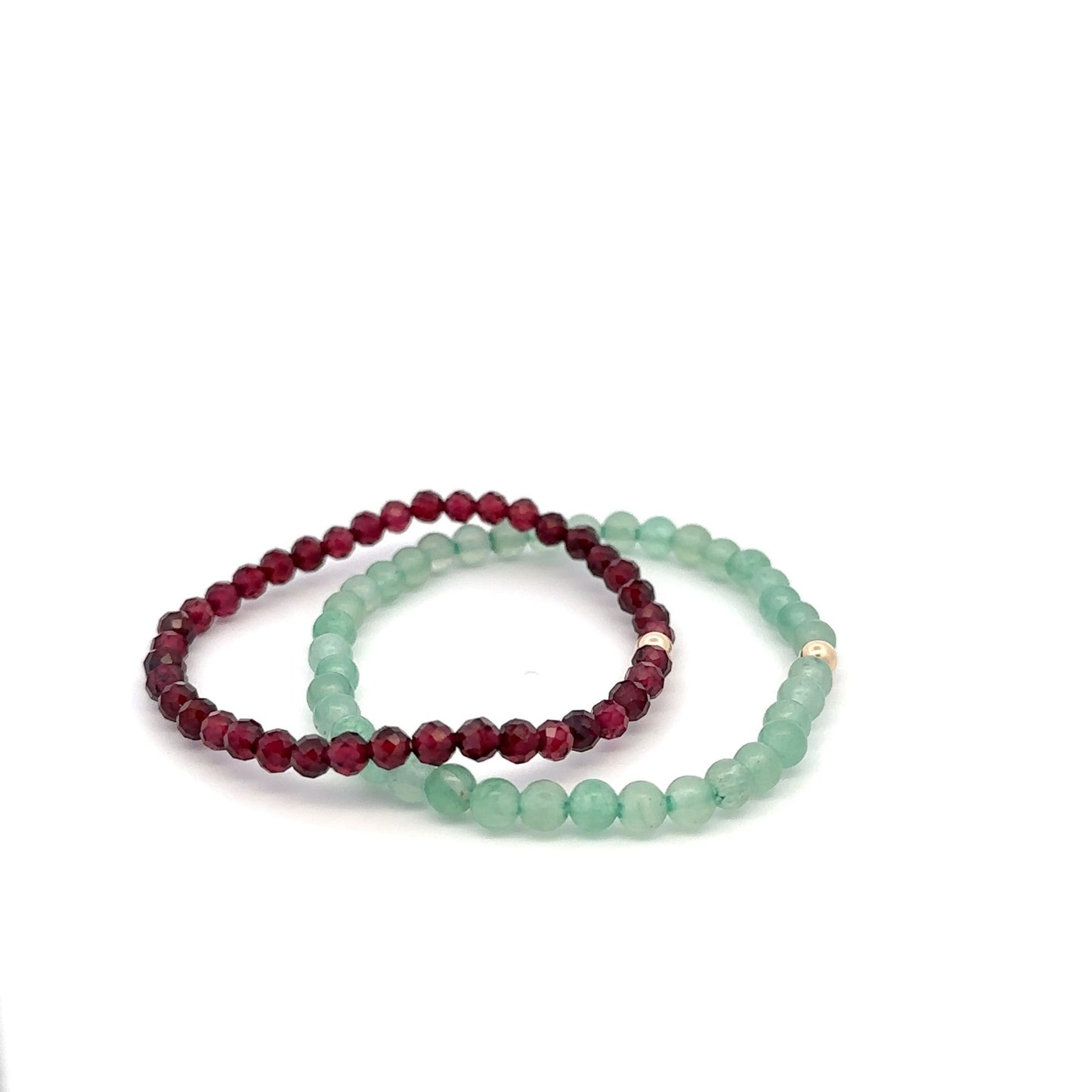 Garnet & Aventurine Gemstone Stretch Bracelet with 14K Gold Accent Bead Handmade - Rafant
