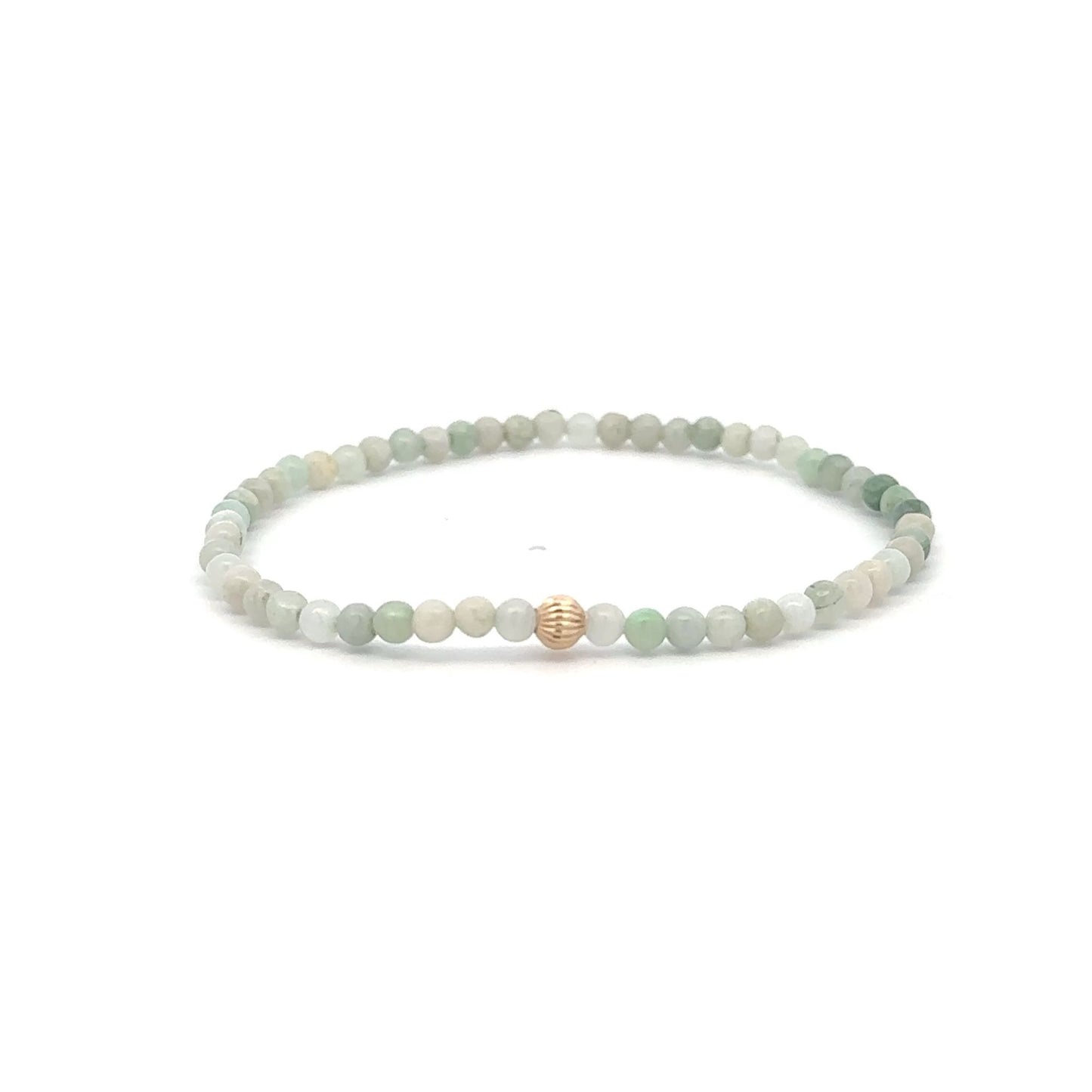 Burmese Jade Mini Beaded Stretch Bracelet with 14K Gold Corrugated Accent Bead Handmade Natural Stone Jewelry - Rafant