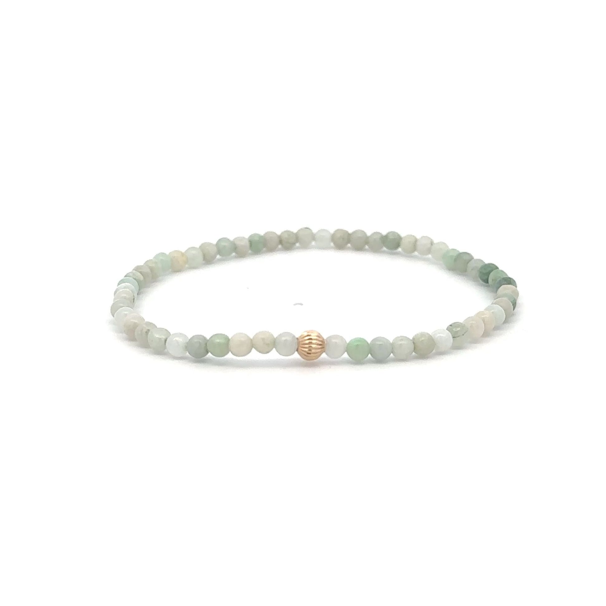 Burmese Jade Mini Beaded Stretch Bracelet with 14K Gold Corrugated Accent Bead Handmade Natural Stone Jewelry - Rafant