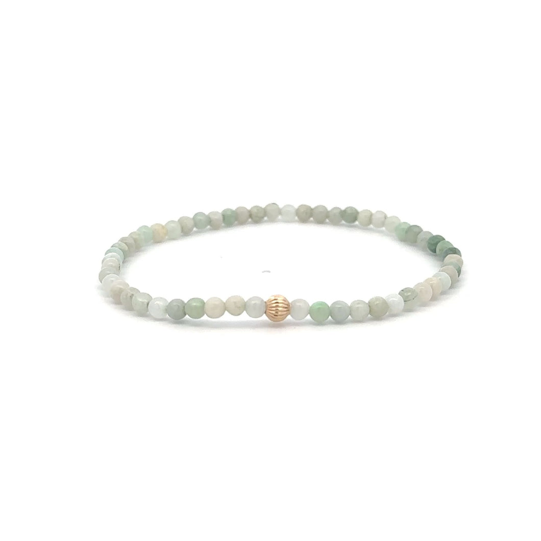 Burmese Jade Mini Beaded Stretch Bracelet with 14K Gold Corrugated Accent Bead Handmade Natural Stone Jewelry