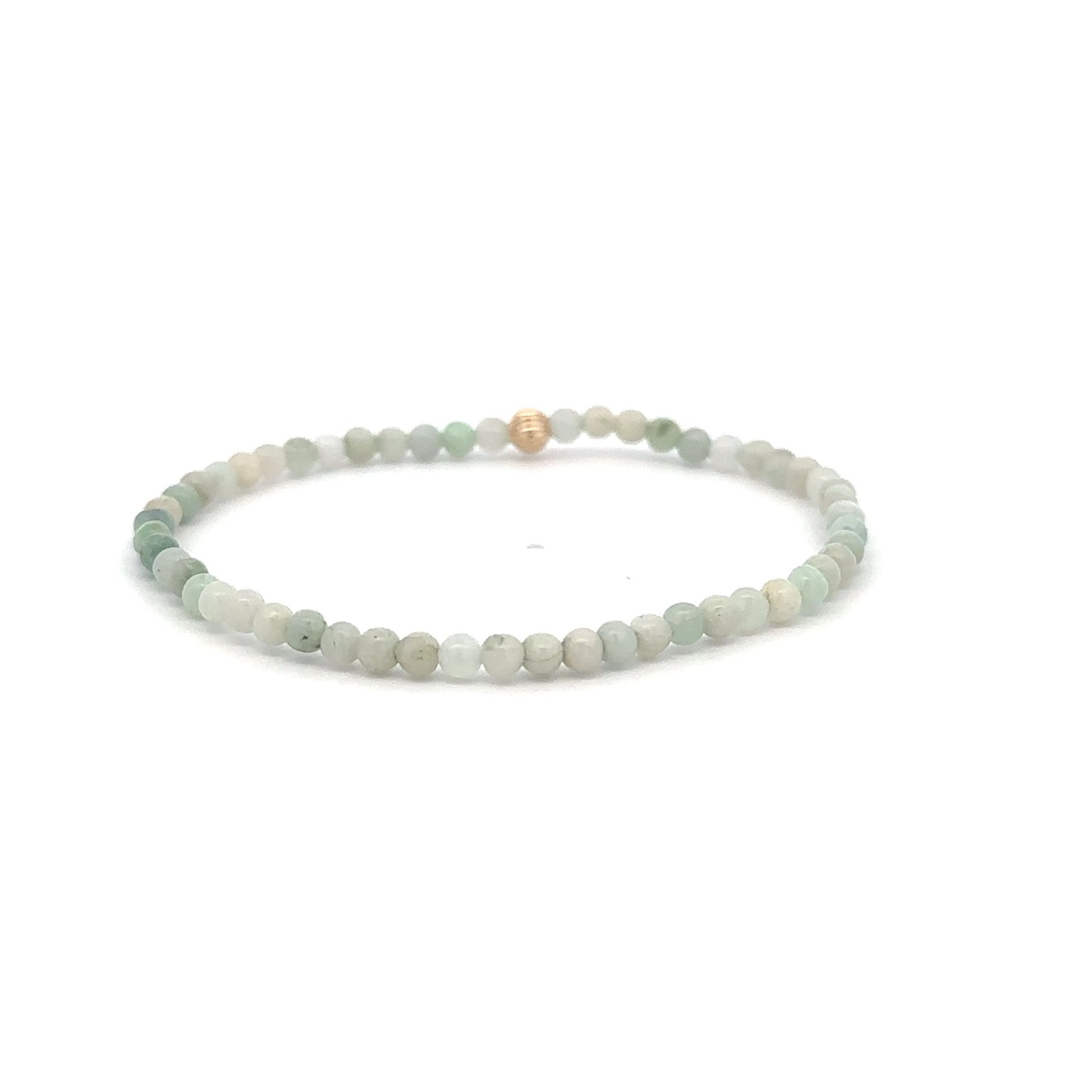 Burmese Jade Mini Beaded Stretch Bracelet with 14K Gold Corrugated Accent Bead Handmade Natural Stone Jewelry - Rafant