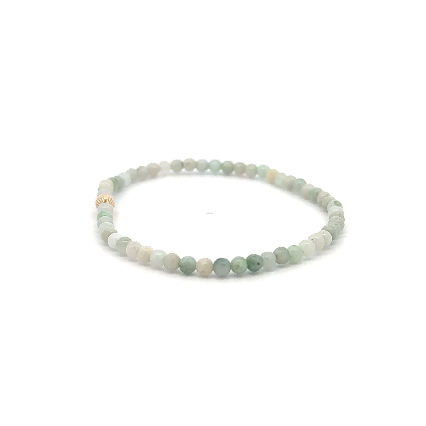 Burmese Jade Mini Beaded Stretch Bracelet with 14K Gold Corrugated Accent Bead Handmade Natural Stone Jewelry - Rafant