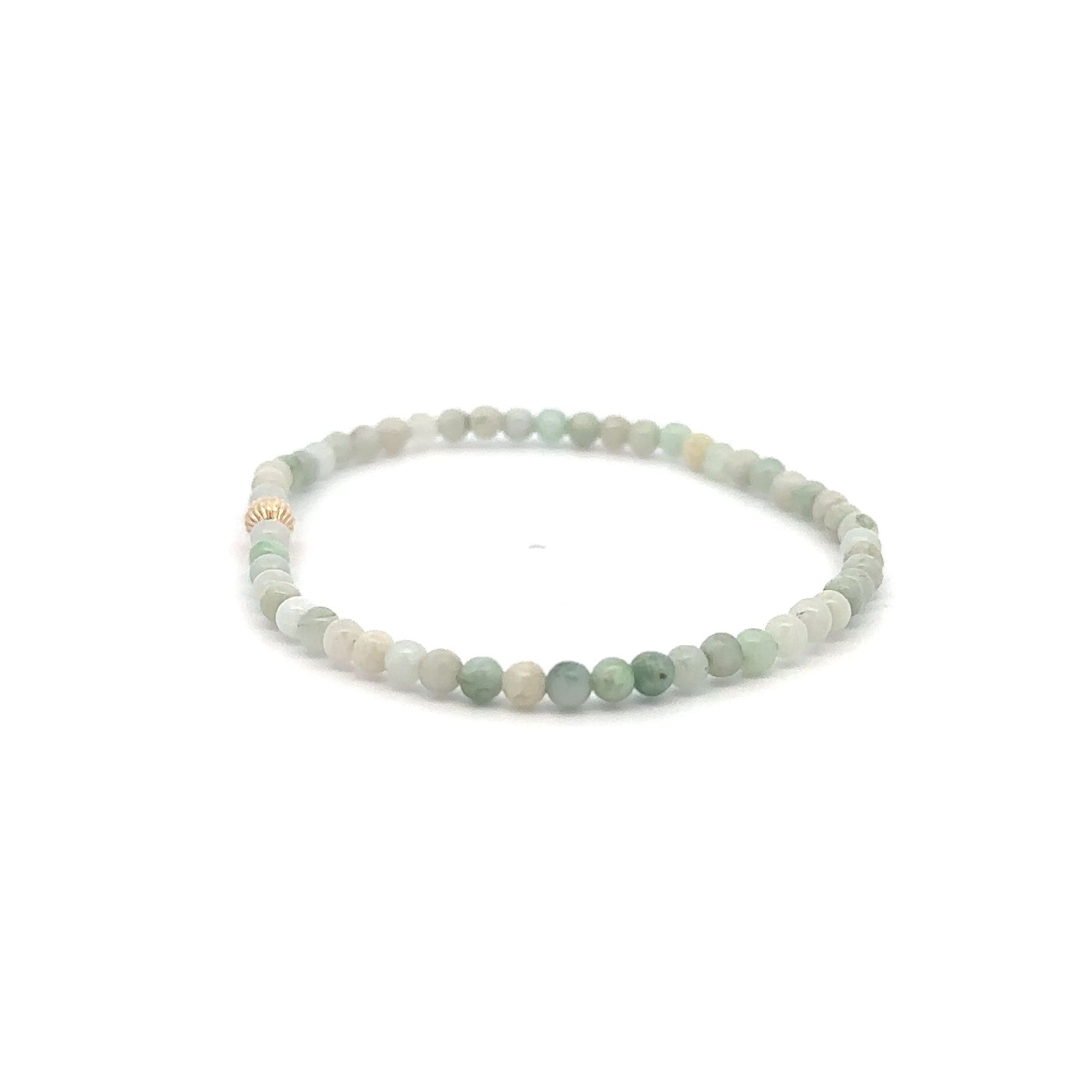 Burmese Jade Mini Beaded Stretch Bracelet with 14K Gold Corrugated Accent Bead Handmade Natural Stone Jewelry - Rafant