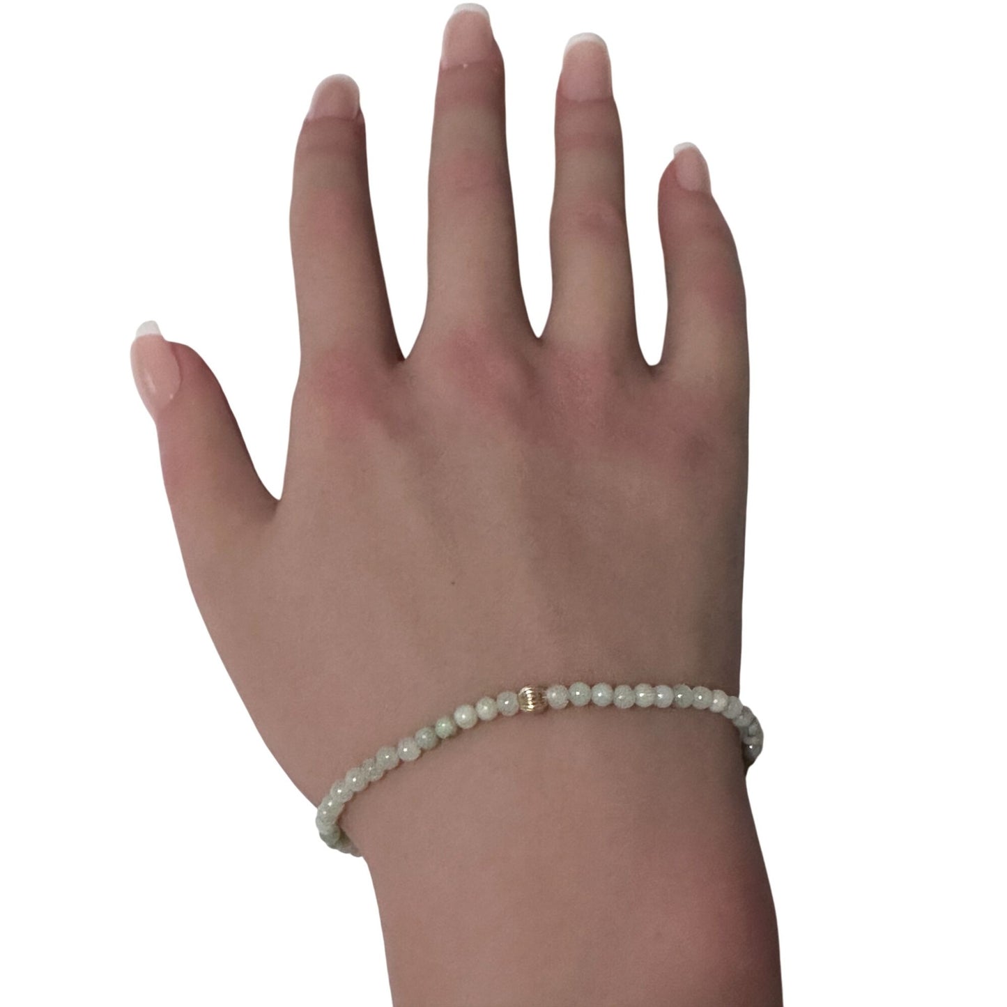 Burmese Jade Mini Beaded Stretch Bracelet with 14K Gold Corrugated Accent Bead Handmade Natural Stone Jewelry - Rafant