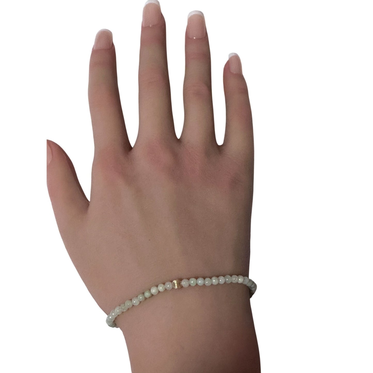Burmese Jade Mini Beaded Stretch Bracelet with 14K Gold Corrugated Accent Bead Handmade Natural Stone Jewelry - Rafant