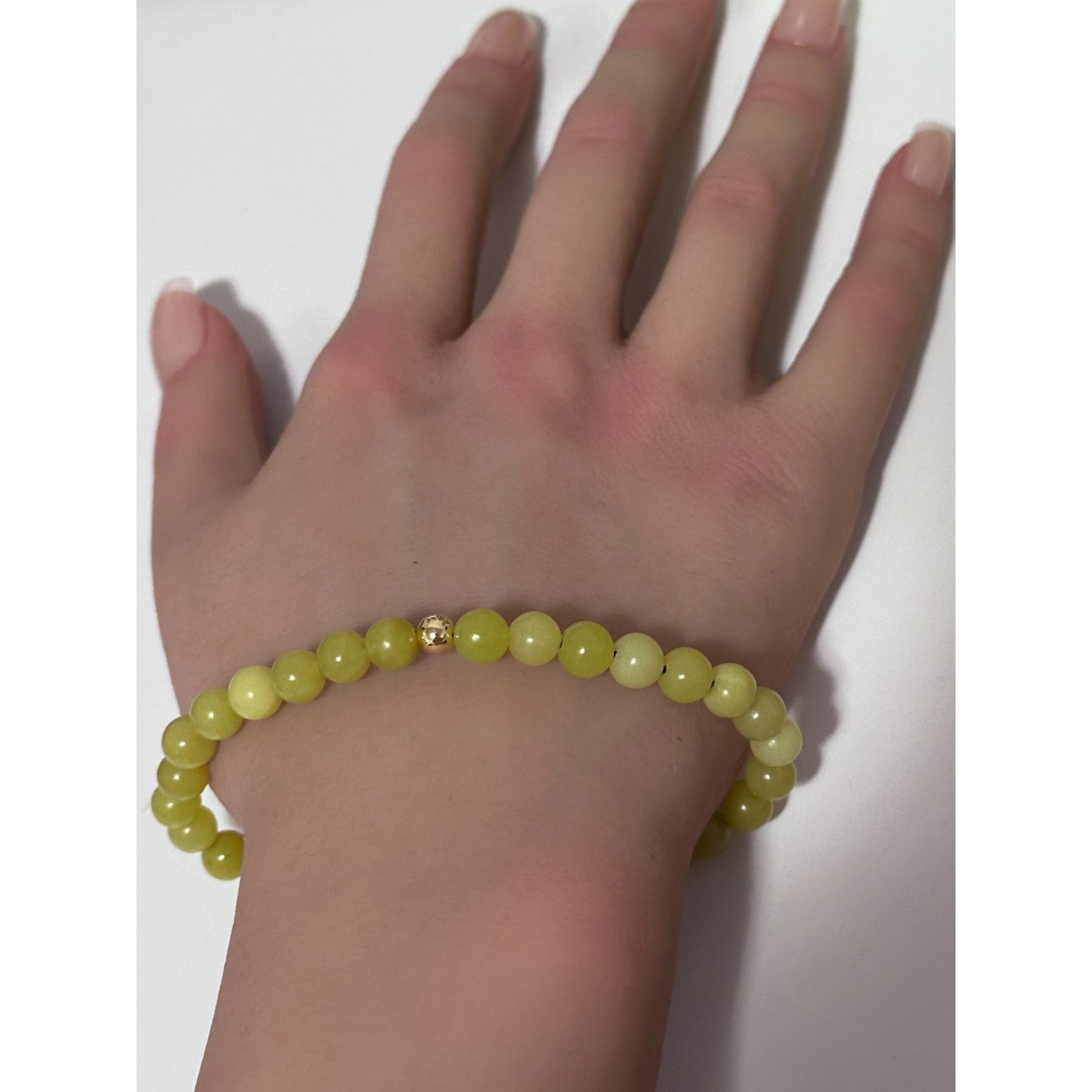 Natural Lemon Jade Gemstones 6mm Stretchable Bracelet 18k Gold Bead Charm S7" - Rafant