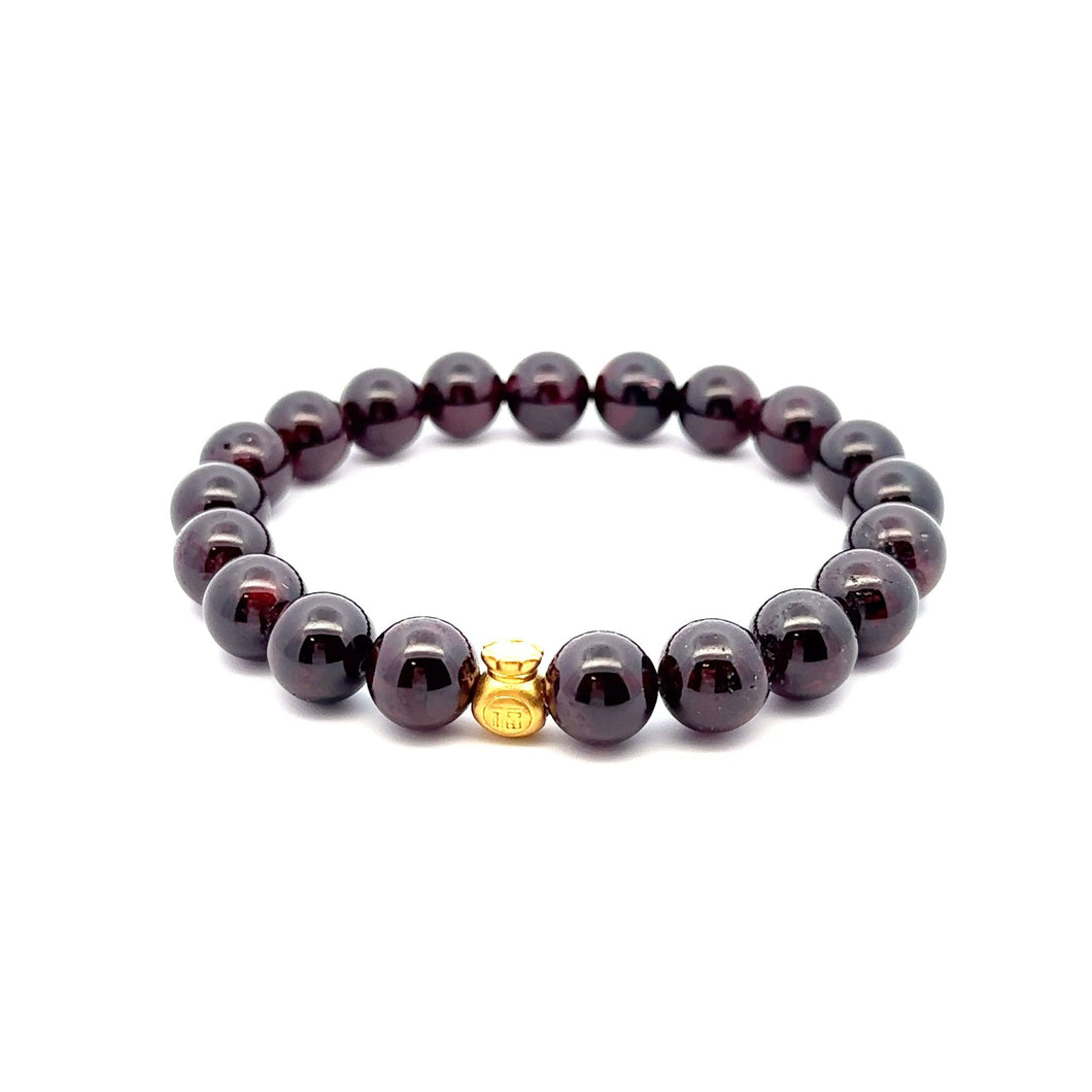 24K Gold Money Bag Lucky Charm Bracelet Gemstones Natural Garnet 10mm Size 7.25
