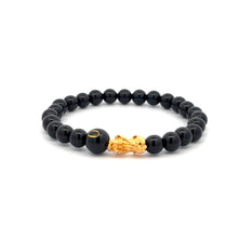 Load image into Gallery viewer, 18K Gold Pixiu Piyao Bracelet Natural Gemstones Onyx 6mm Elastic Bracelet Letter Initial Agate S6.5&quot;
