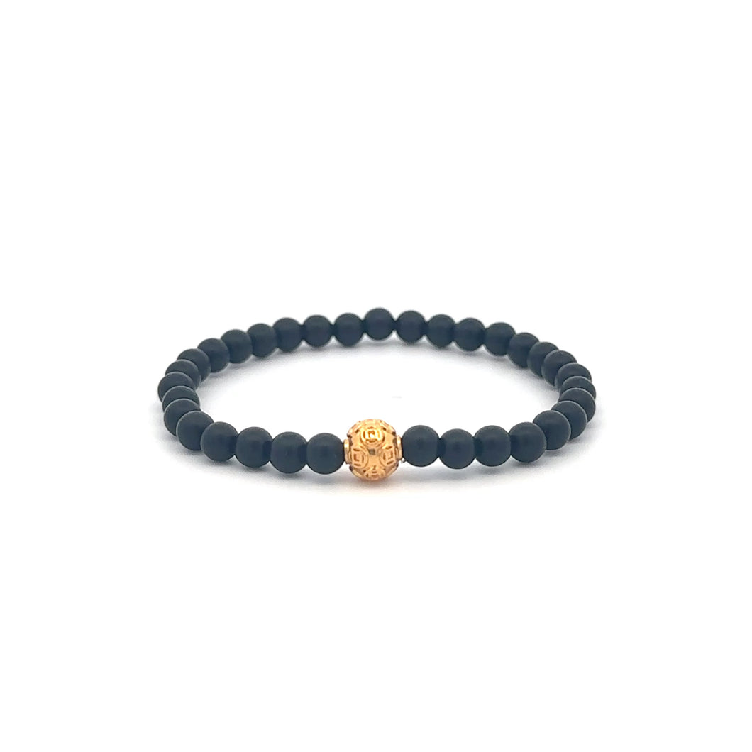 18K Gold Money Coin Ball Lucky Bracelet Mini Gemstones Black Matte Onyx 4mm Mini 6mm - Rafant
