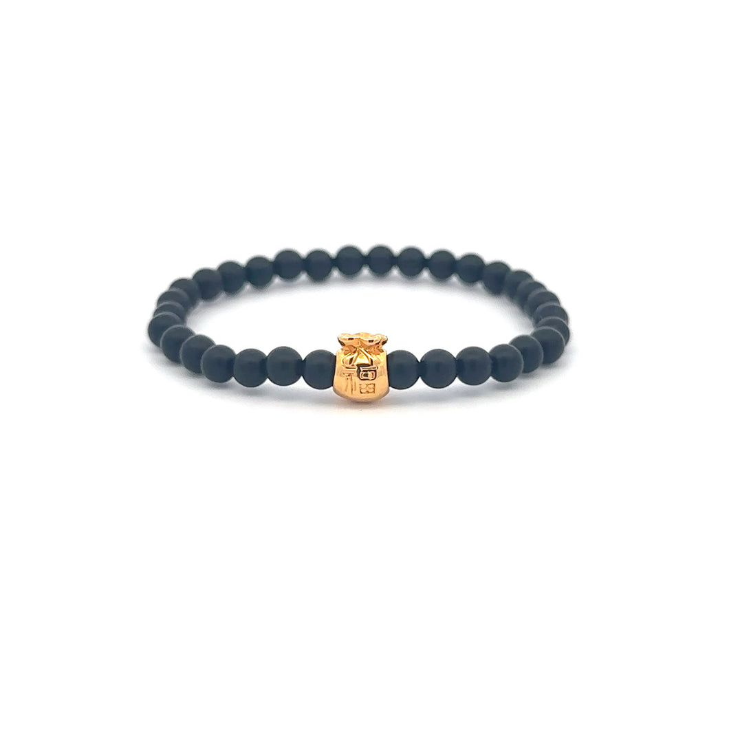 18K Gold Money Bag Matte Onyx Gemstones 4mm Mini 6mm Lucky Charm Elastic Bracelet