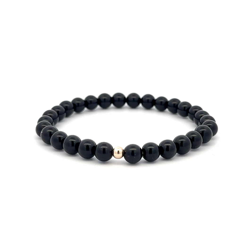 Gemstones Onyx 6mm Stretchable Bracelet 14k Gold Bead Charm