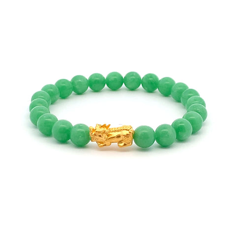 24K Yellow Gold Piyao Pixiu Bracelet Gemstones Natural Jadeite Jade Green 9-10mm Size 6 inches - Rafant