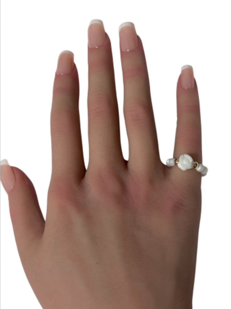 Natural Gemstone Flower and Beads Stretch Ring with 14K Gold Bead - Rafant