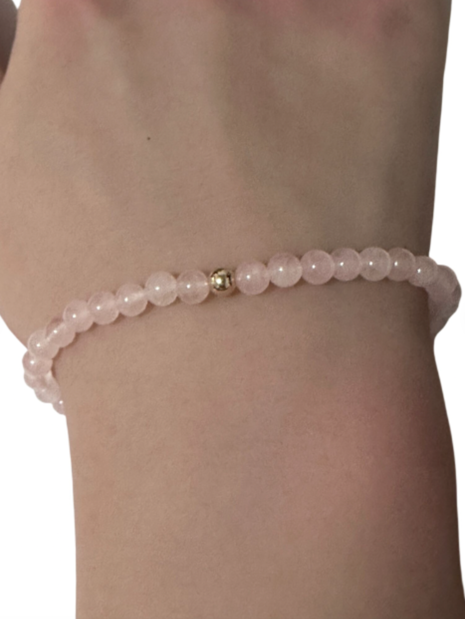 Gemstones Natural Rose Quartz 6mm 4mm Stretch Bracelet with 14k Gold Bead Choose Yellow, Stardust, Corrugated - Rafant