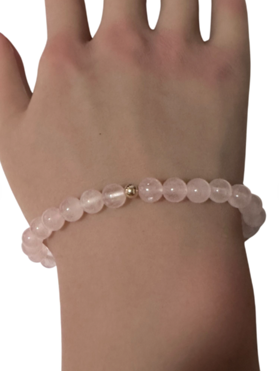 Gemstones Natural Rose Quartz 6mm 4mm Stretch Bracelet with 14k Gold Bead Choose Yellow, Stardust, Corrugated - Rafant