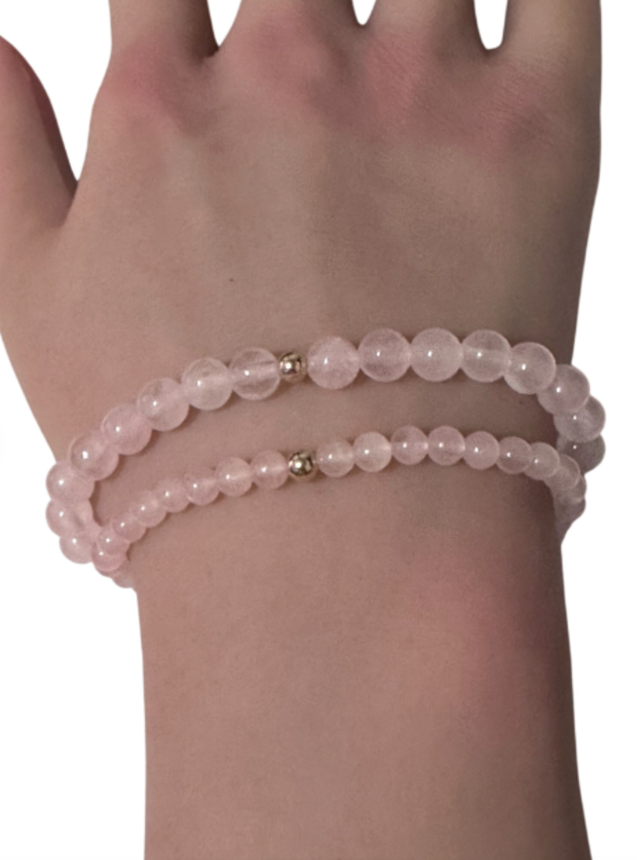 Gemstones Natural Rose Quartz 6mm 4mm Stretch Bracelet with 14k Gold Bead Choose Yellow, Stardust, Corrugated - Rafant