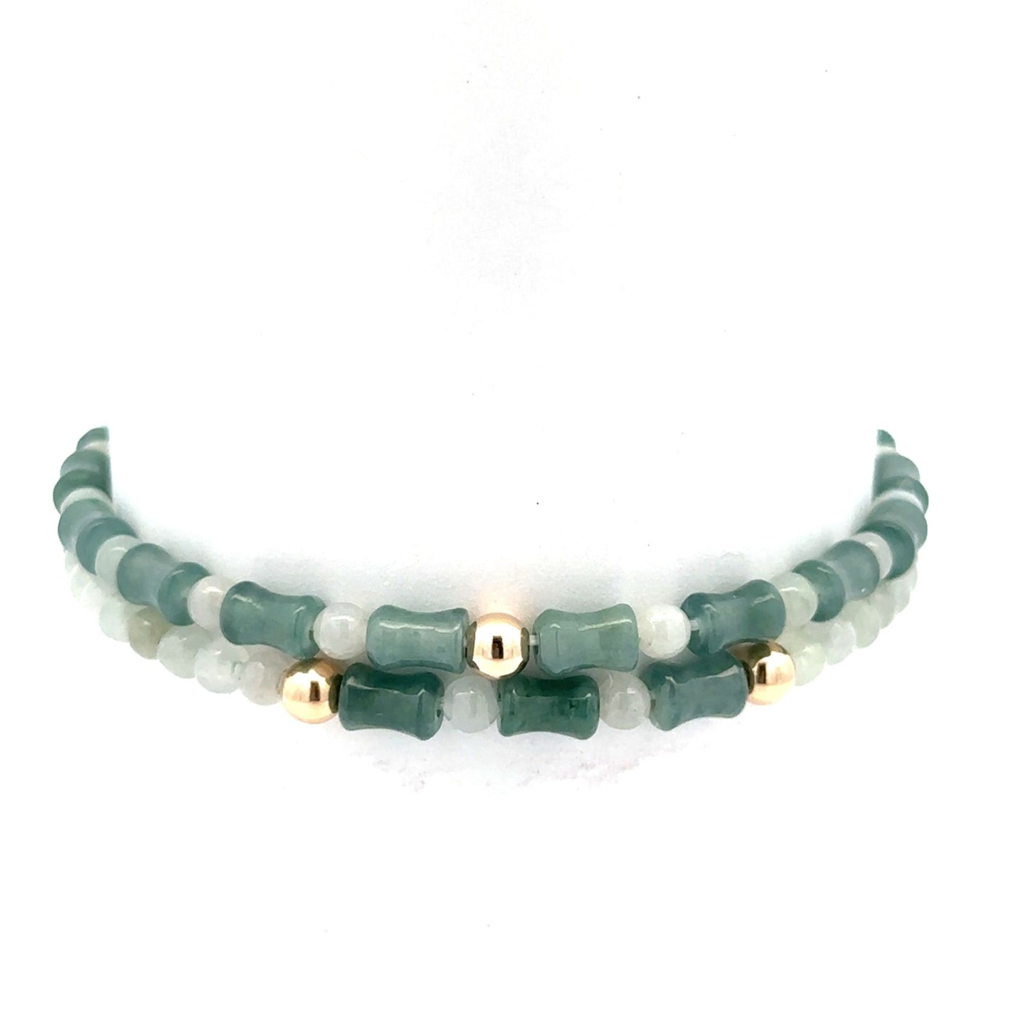 14K Solid Gold 4mm Bead Stretch Bracelet Green Icy Jade Bamboo Round - Rafant