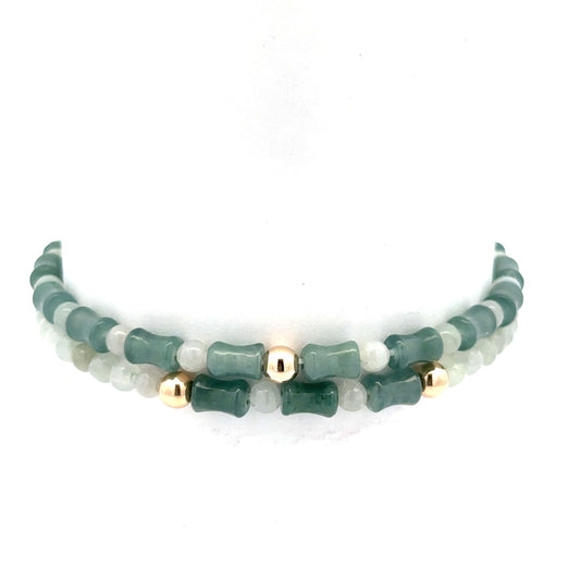 14K Solid Gold 4mm Bead Stretch Bracelet Green Icy Jade Bamboo Round - Rafant