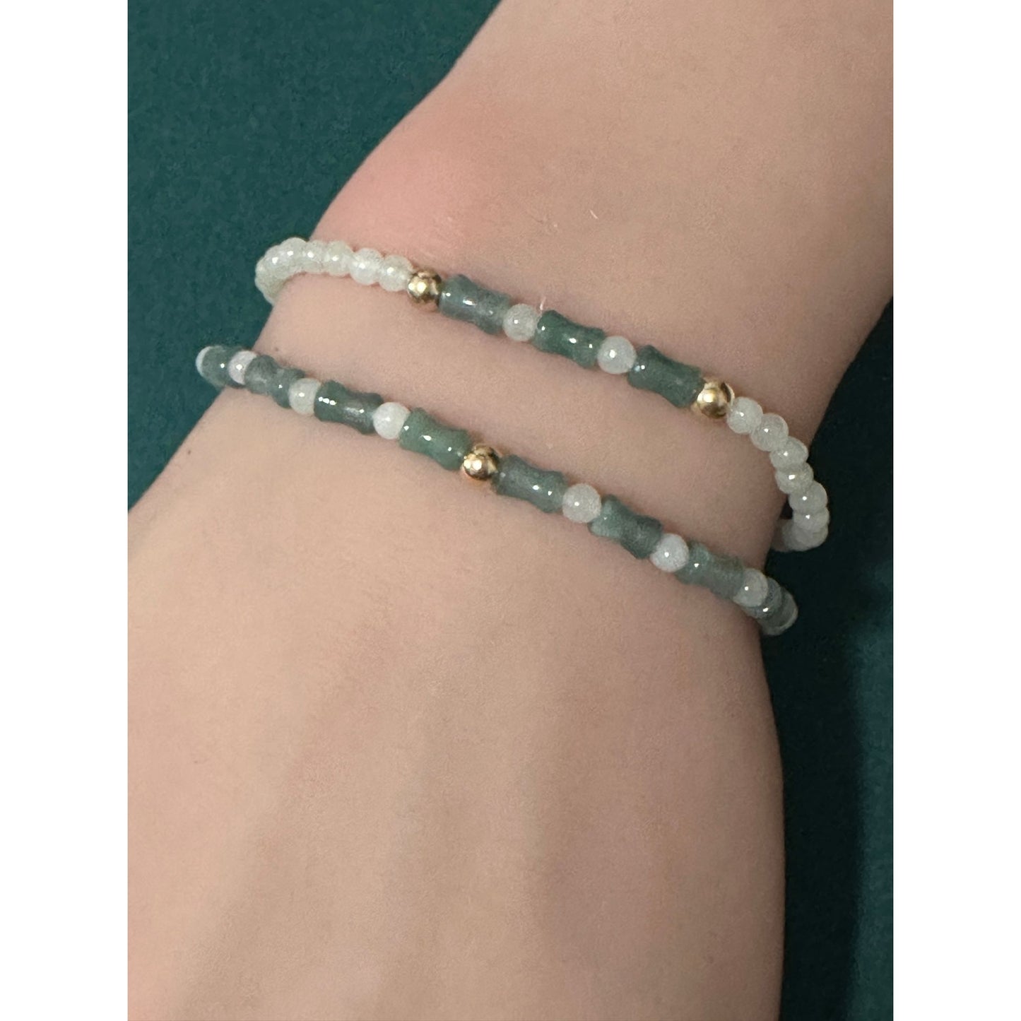 14K Solid Gold 4mm Bead Stretch Bracelet Green Icy Jade Bamboo Round - Rafant