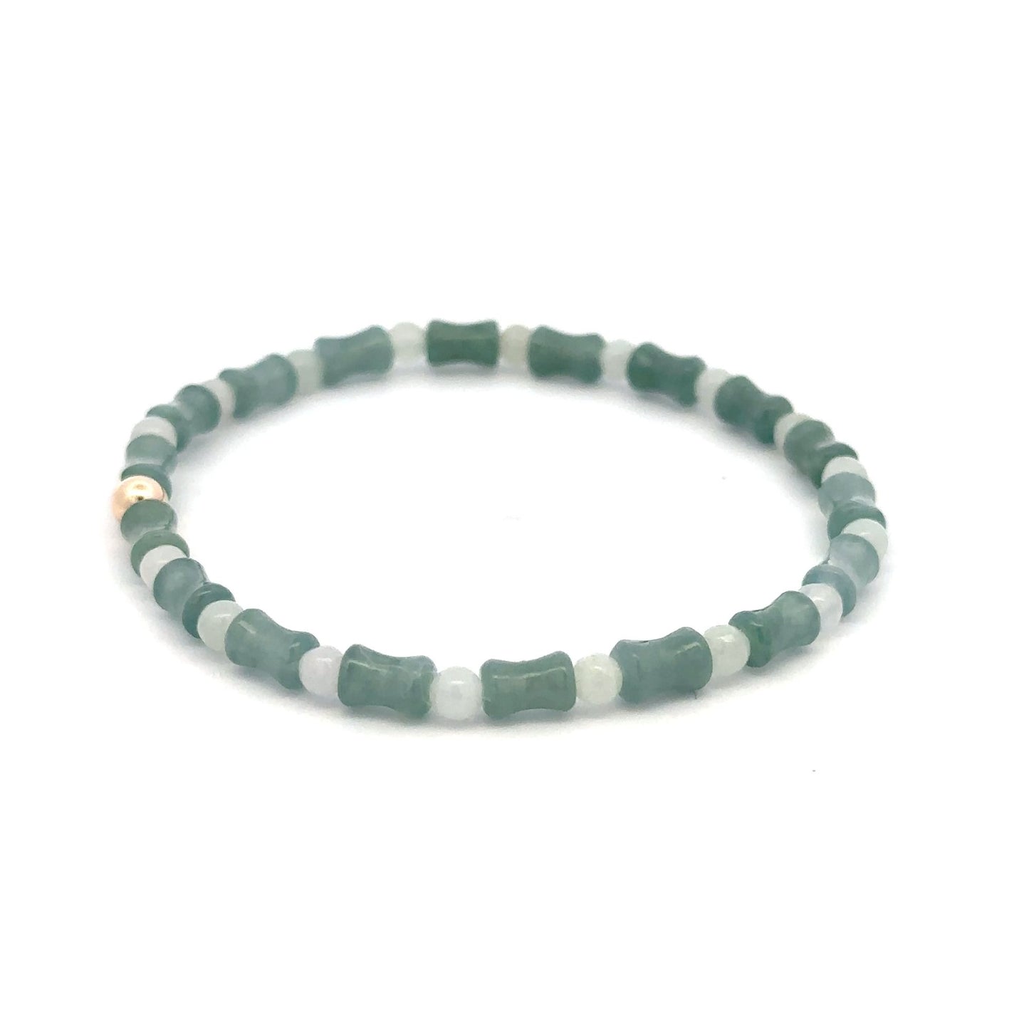 14K Solid Gold 4mm Bead Stretch Bracelet Green Icy Jade Bamboo Round - Rafant