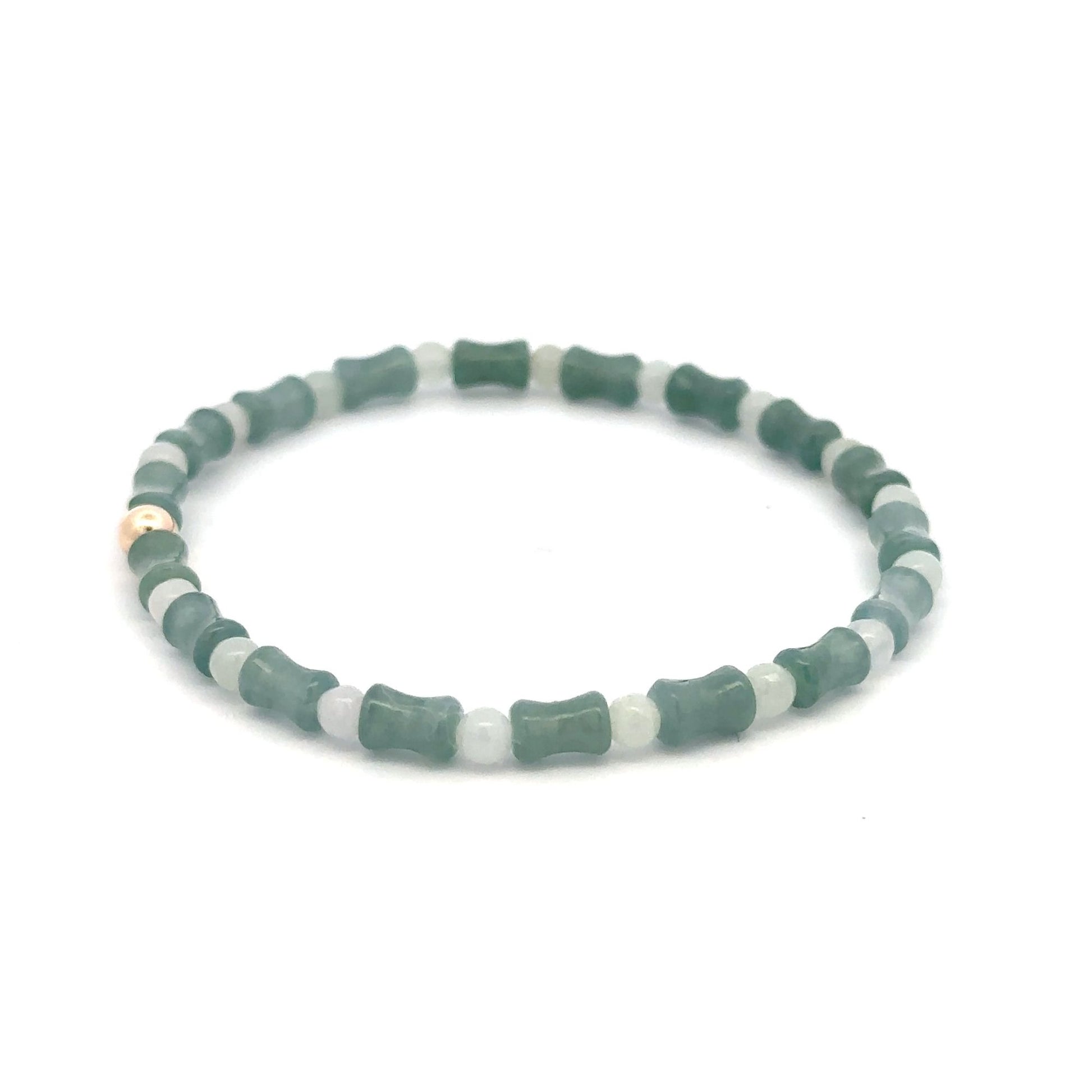 14K Solid Gold 4mm Bead Stretch Bracelet Green Icy Jade Bamboo Round - Rafant
