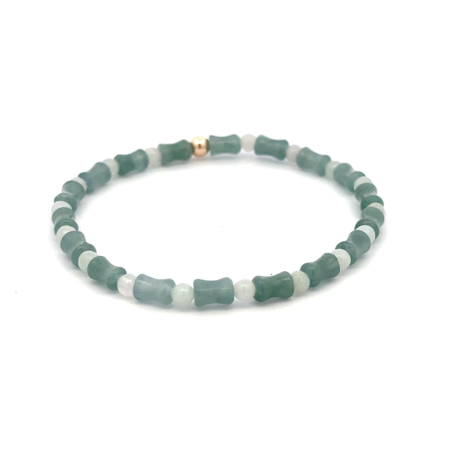 14K Solid Gold 4mm Bead Stretch Bracelet Green Icy Jade Bamboo Round - Rafant