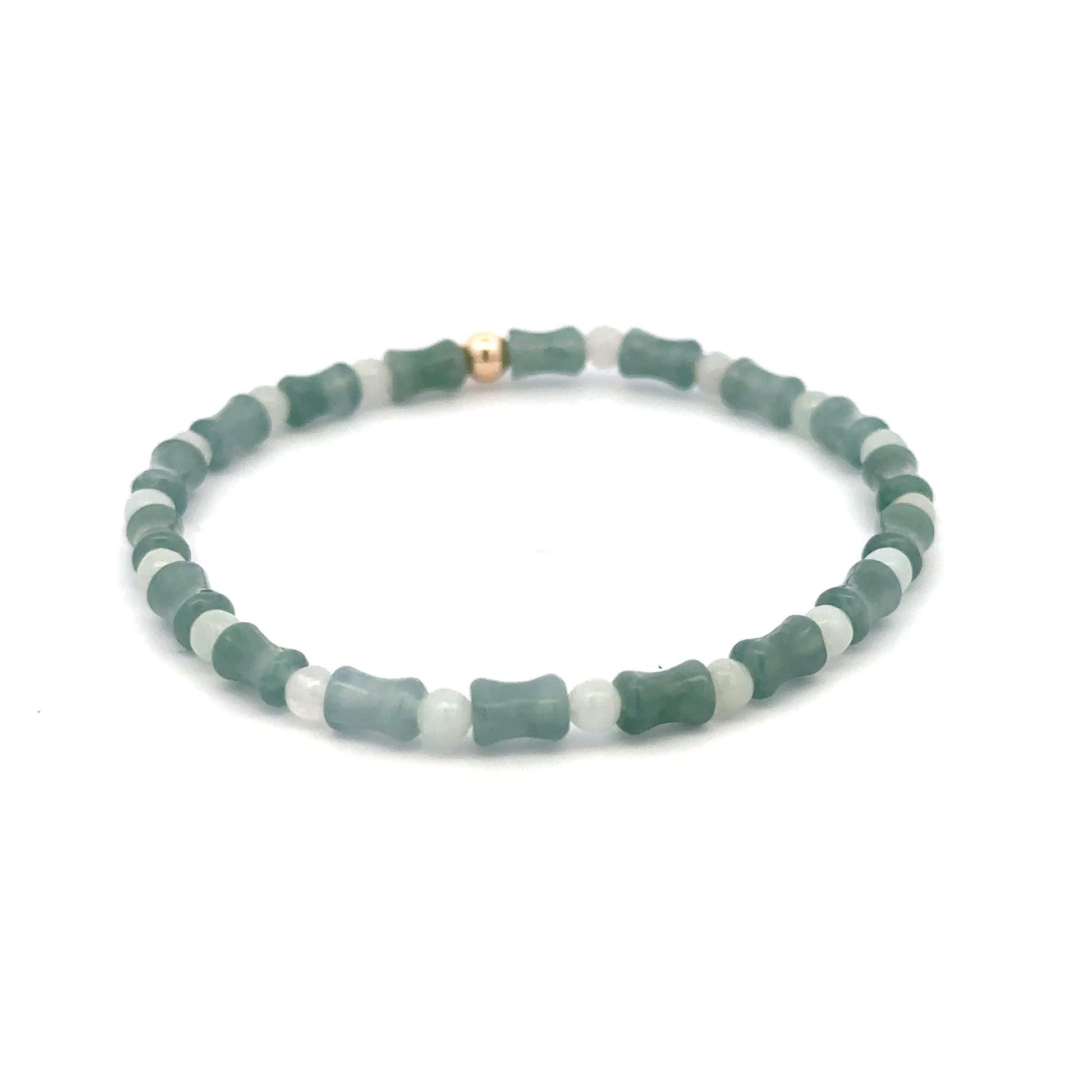14K Solid Gold 4mm Bead Stretch Bracelet Green Icy Jade Bamboo Round - Rafant